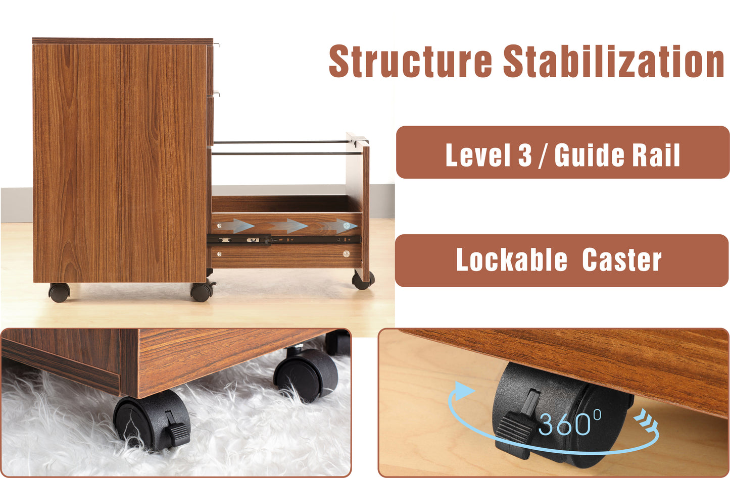 JJS 3 Drawer Rolling Wood File Cabinet with Locking Wheels