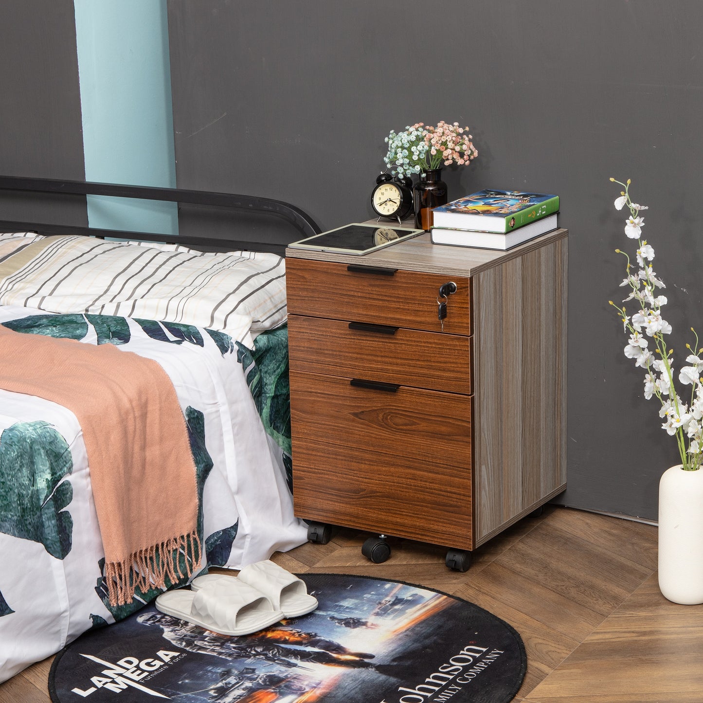 JJS 3 Drawer Rolling Wood File Cabinet with Locking Wheels
