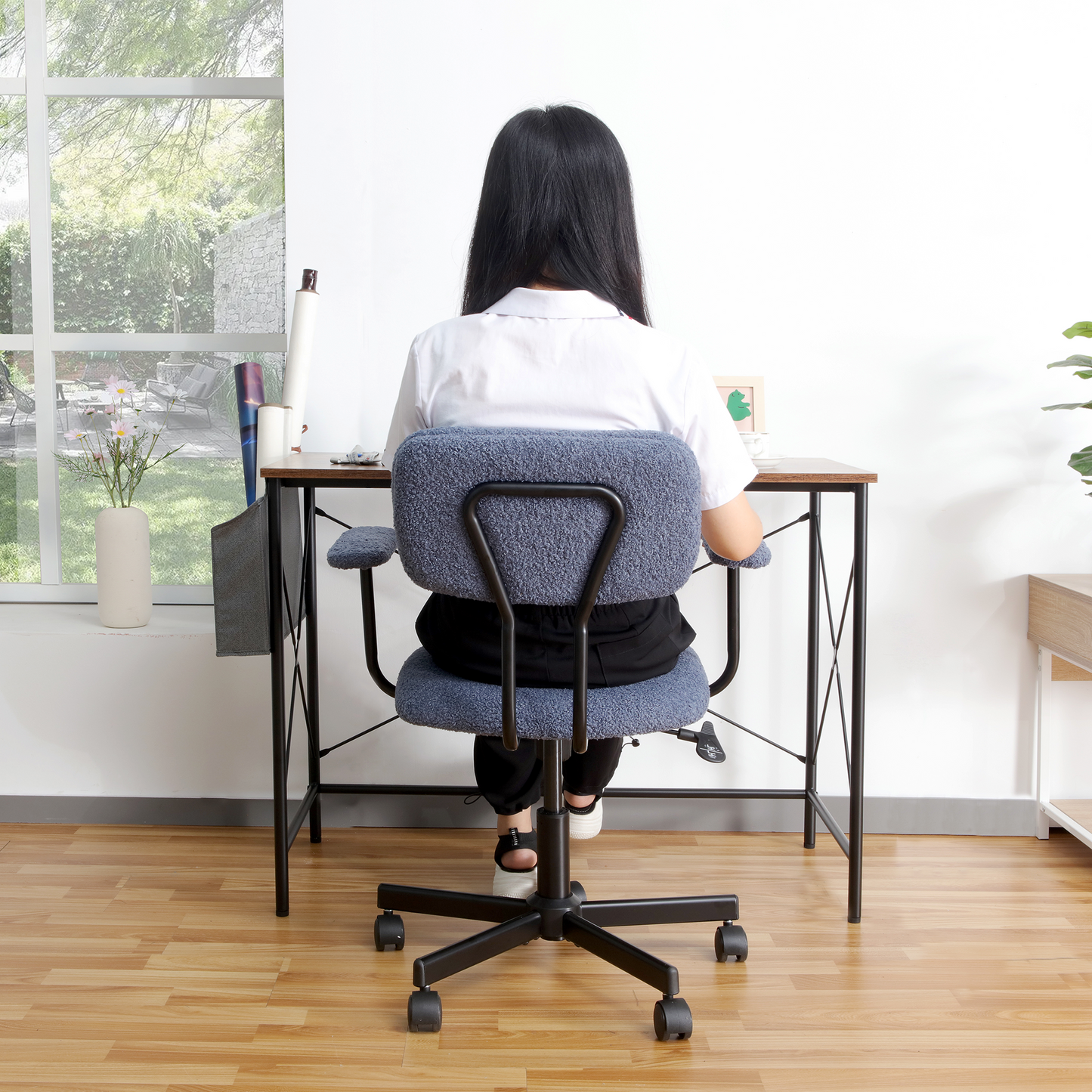 JJS Low Back Velvet Office Computer Chair with Armrest, Ergonomic Adjustable Swivel Small Home Office Desk Chair, Blue