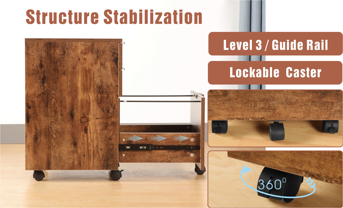 JJS 3 Drawer Rolling Wood File Cabinet with Locking Wheels