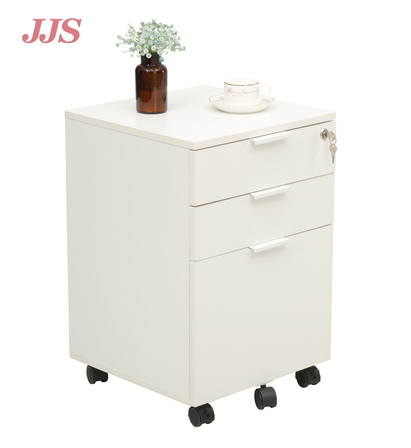 JJS 3 Drawer Rolling Wood File Cabinet with Locking Wheels