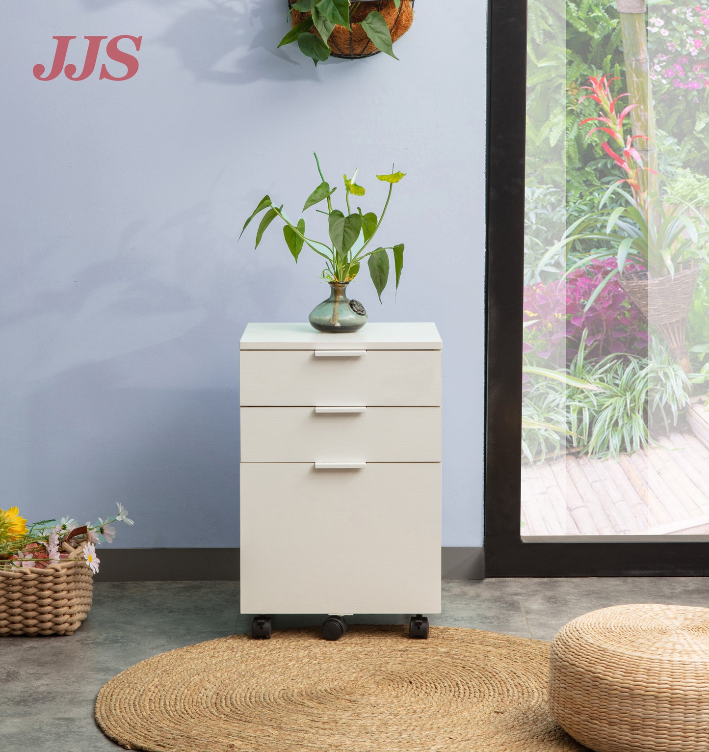 JJS 3 Drawer Rolling Wood File Cabinet with Locking Wheels