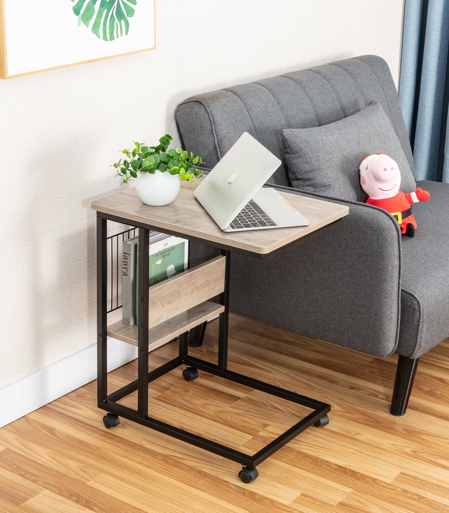 JJS Side End C Table with Magazine Holder for Sofa, Smoky Grey
