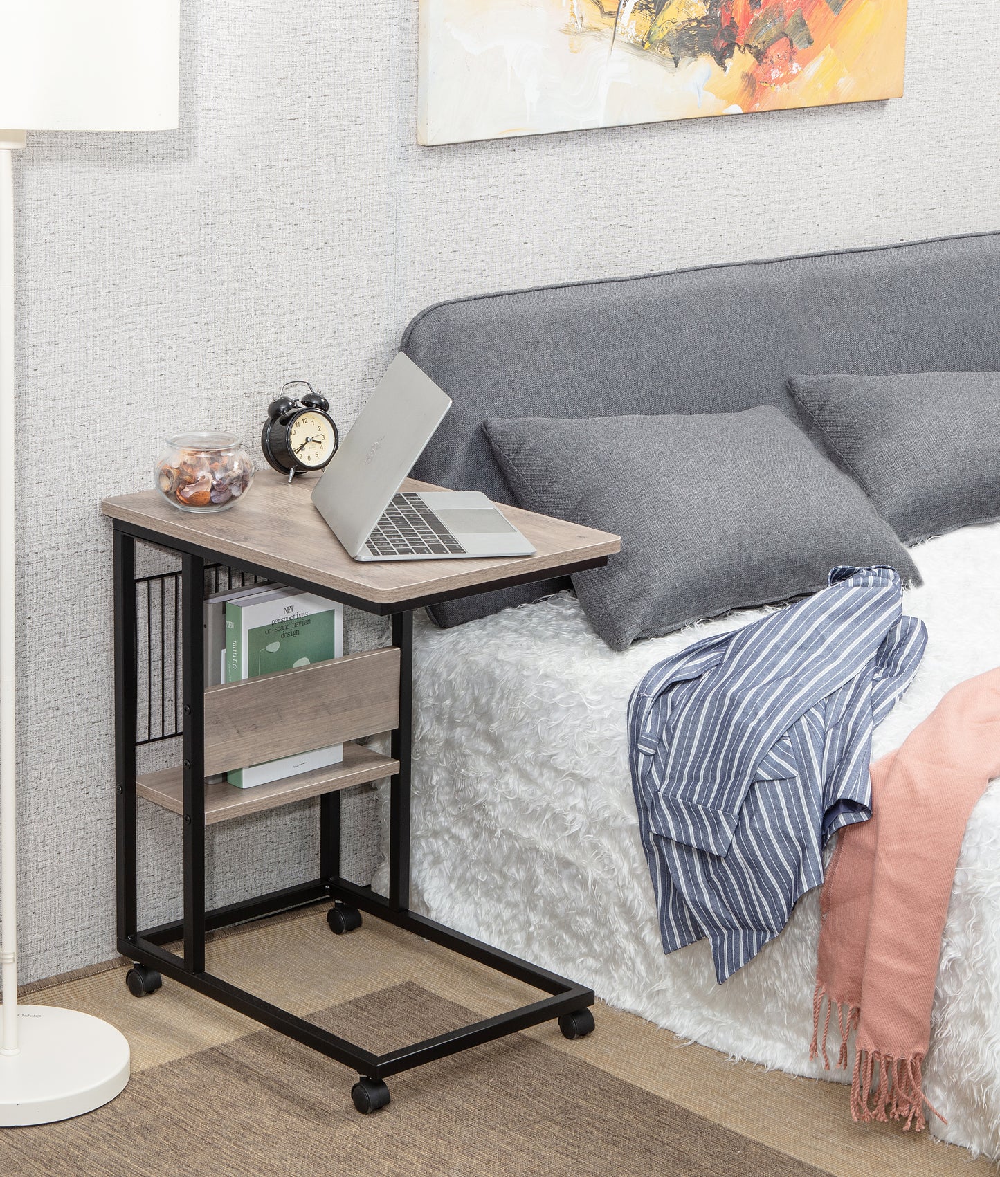 JJS Side End C Table with Magazine Holder for Sofa, Smoky Grey