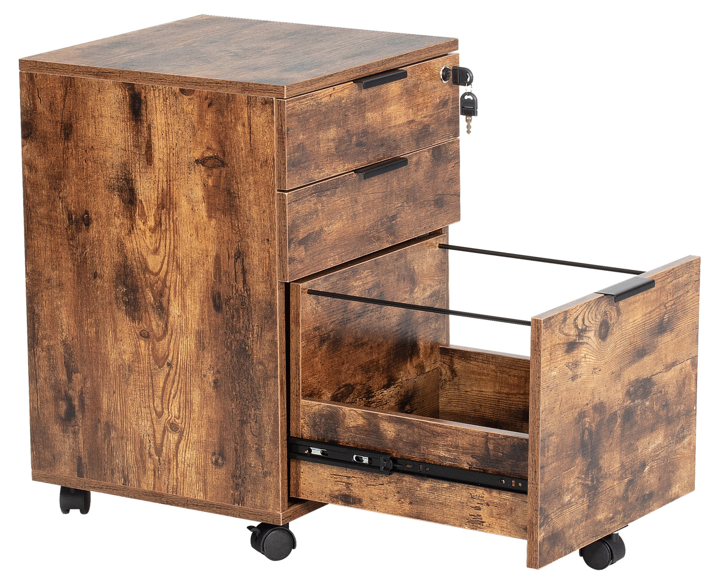 JJS 3 Drawer Rolling Wood File Cabinet with Locking Wheels