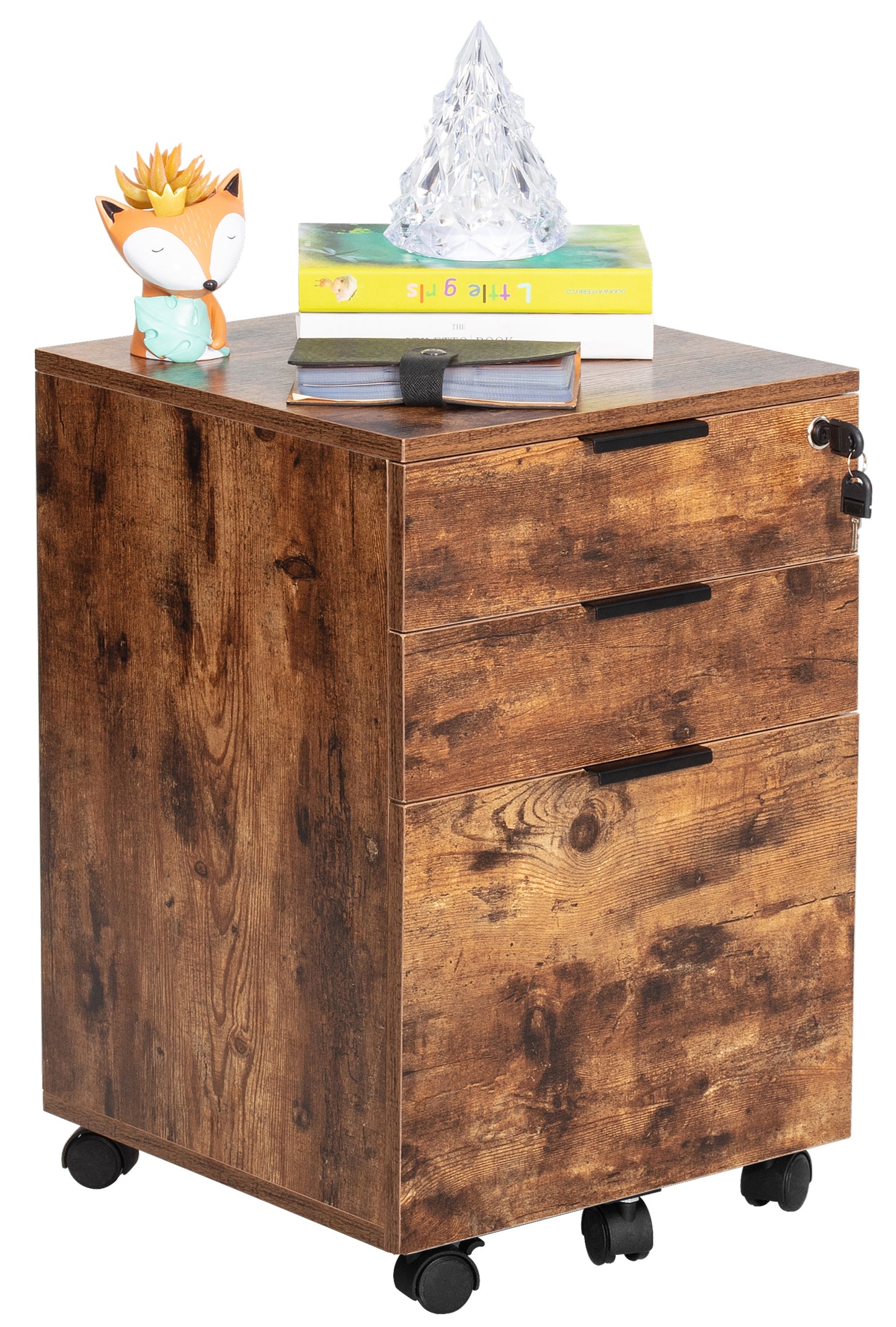 JJS 3 Drawer Rolling Wood File Cabinet with Locking Wheels