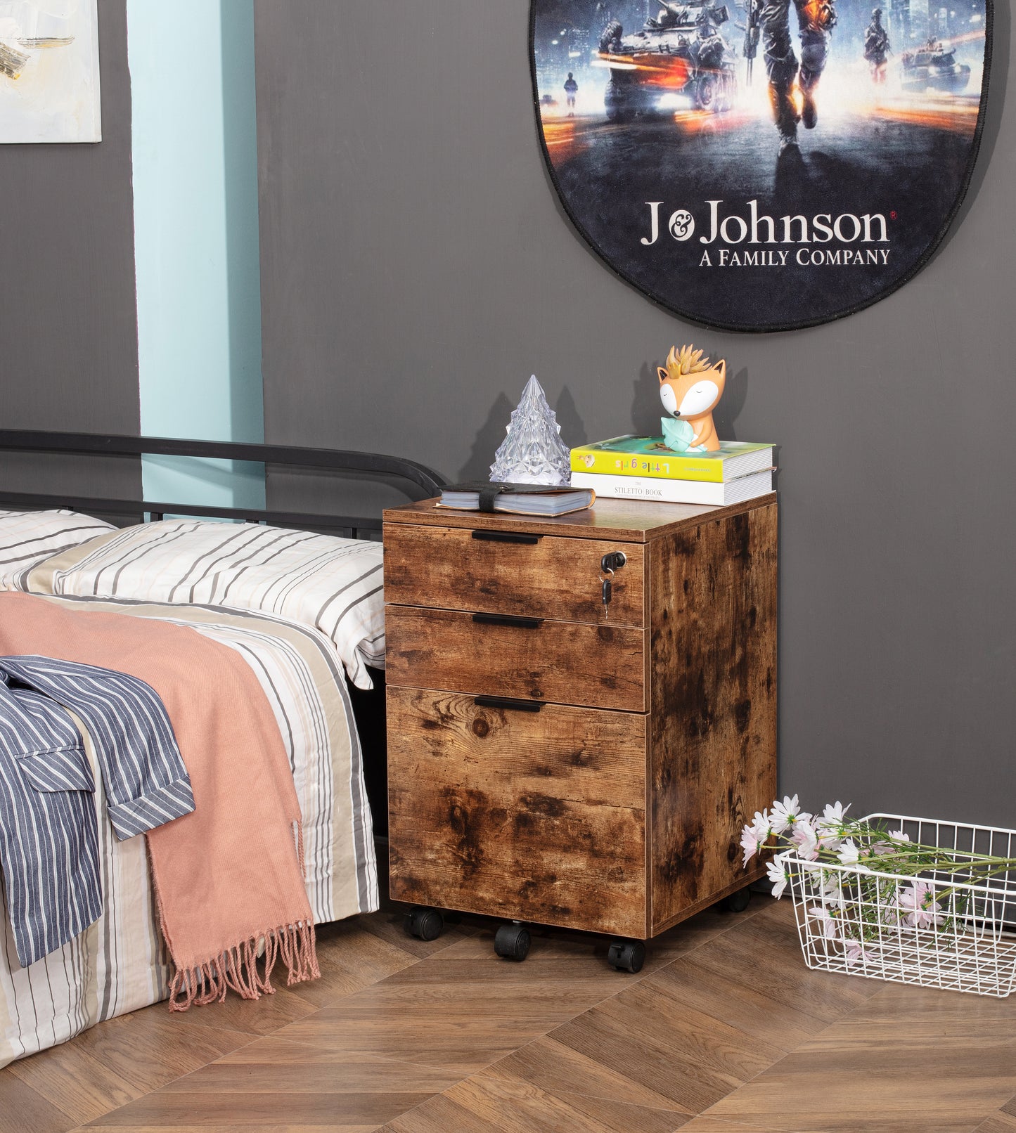 JJS 3 Drawer Rolling Wood File Cabinet with Locking Wheels