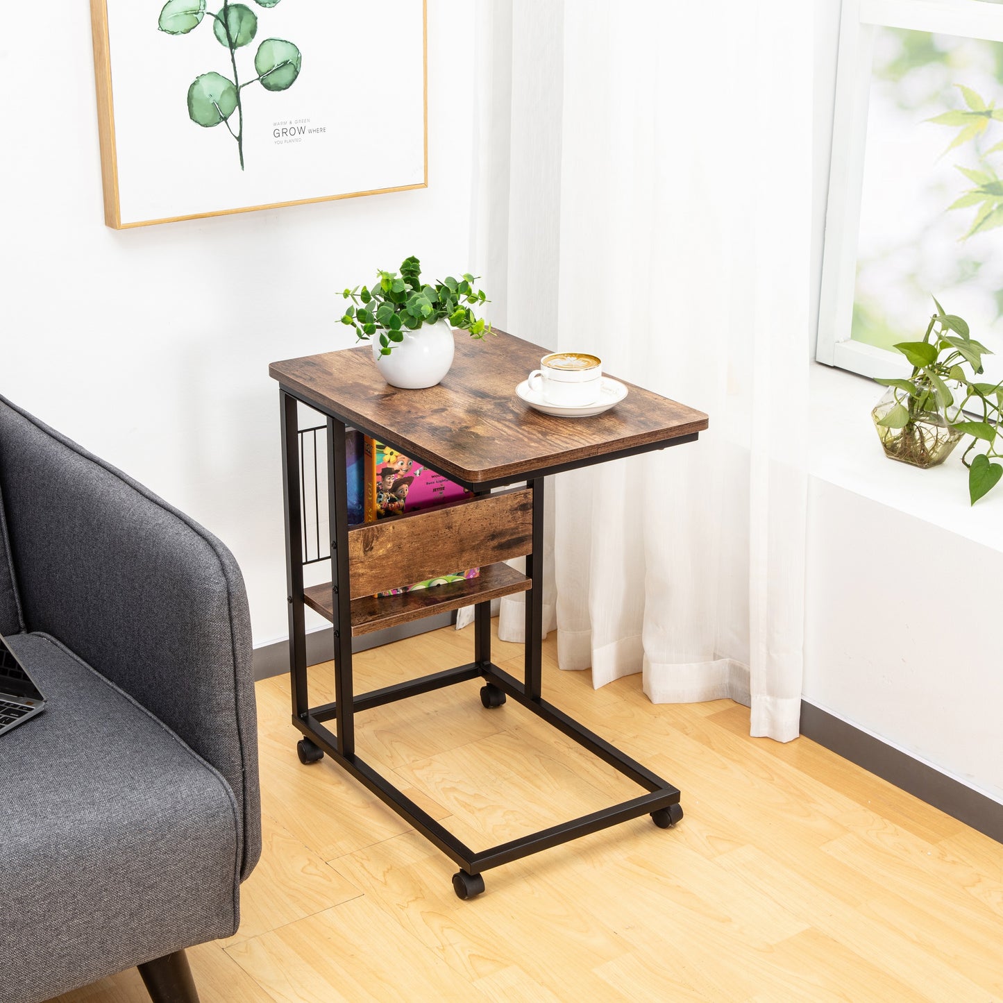 JJS Side End C Table with Magazine Holder for Sofa, Smoky Grey