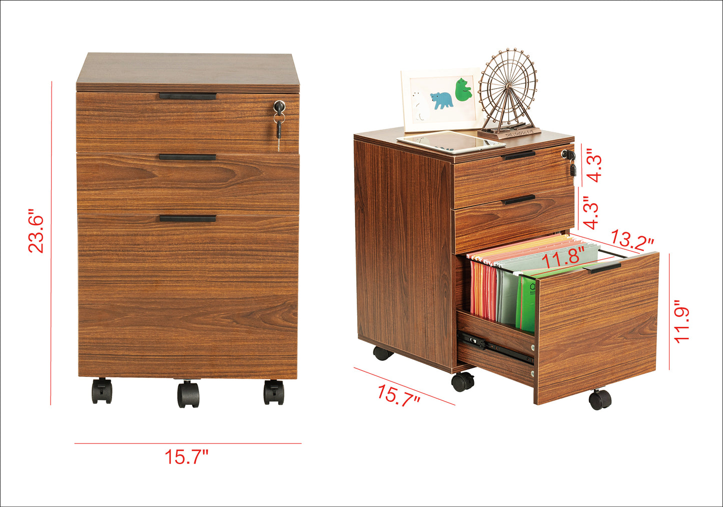 JJS 3 Drawer Rolling Wood File Cabinet with Locking Wheels