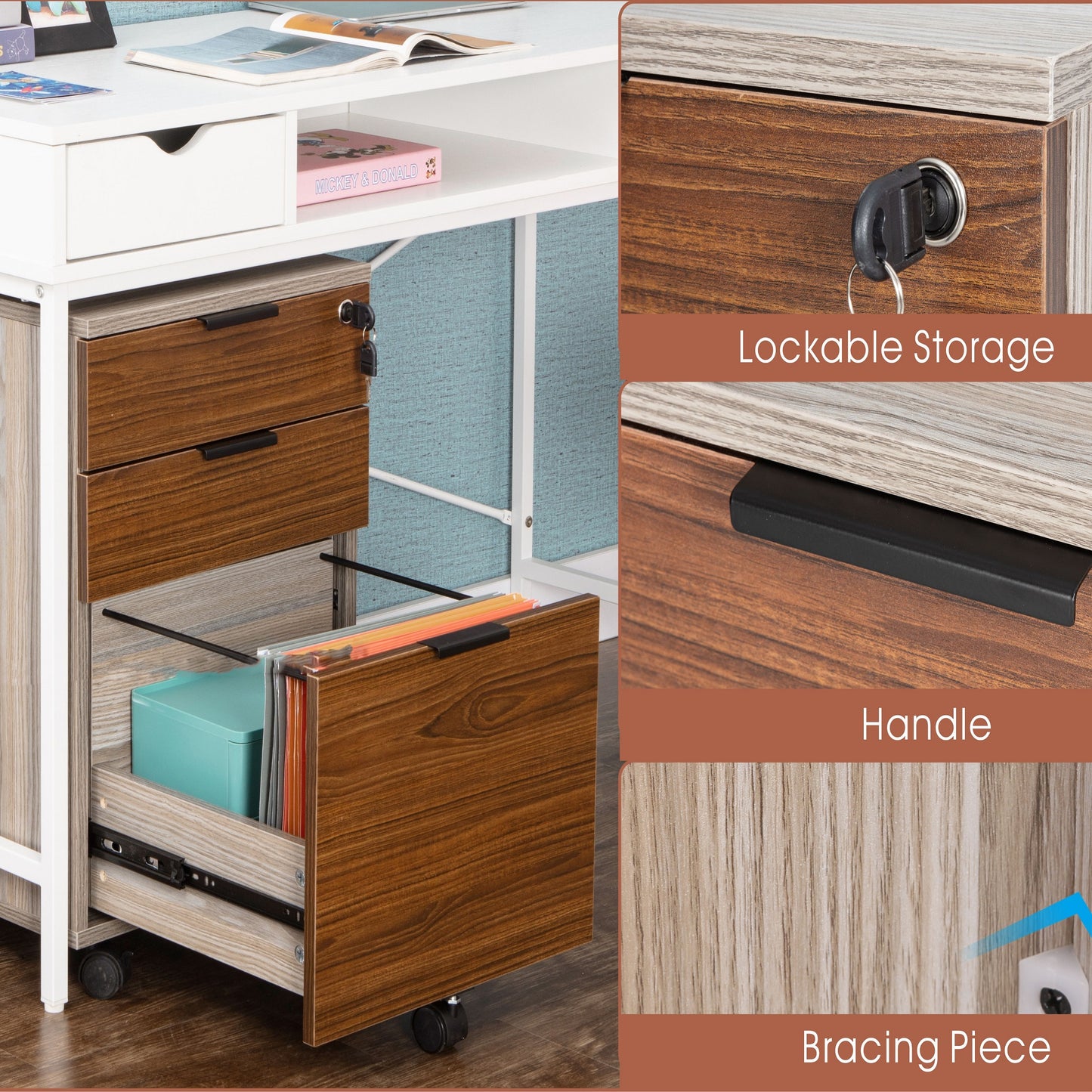 JJS 3 Drawer Rolling Wood File Cabinet with Locking Wheels