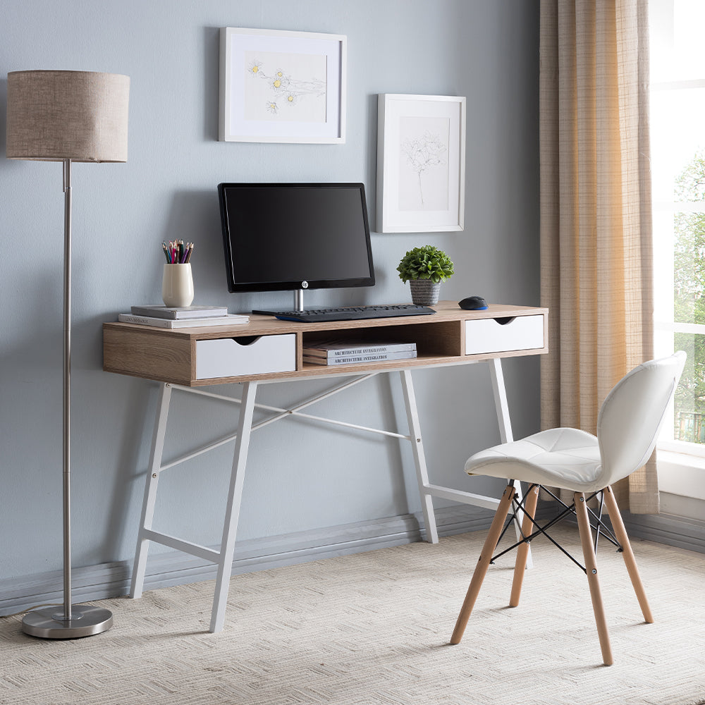 JJS Home Office Writing Desk with Drawers, Modern Computer Study Wooden Desk Table Laptop PC Workstation with Storage, Mid Century White Oak…