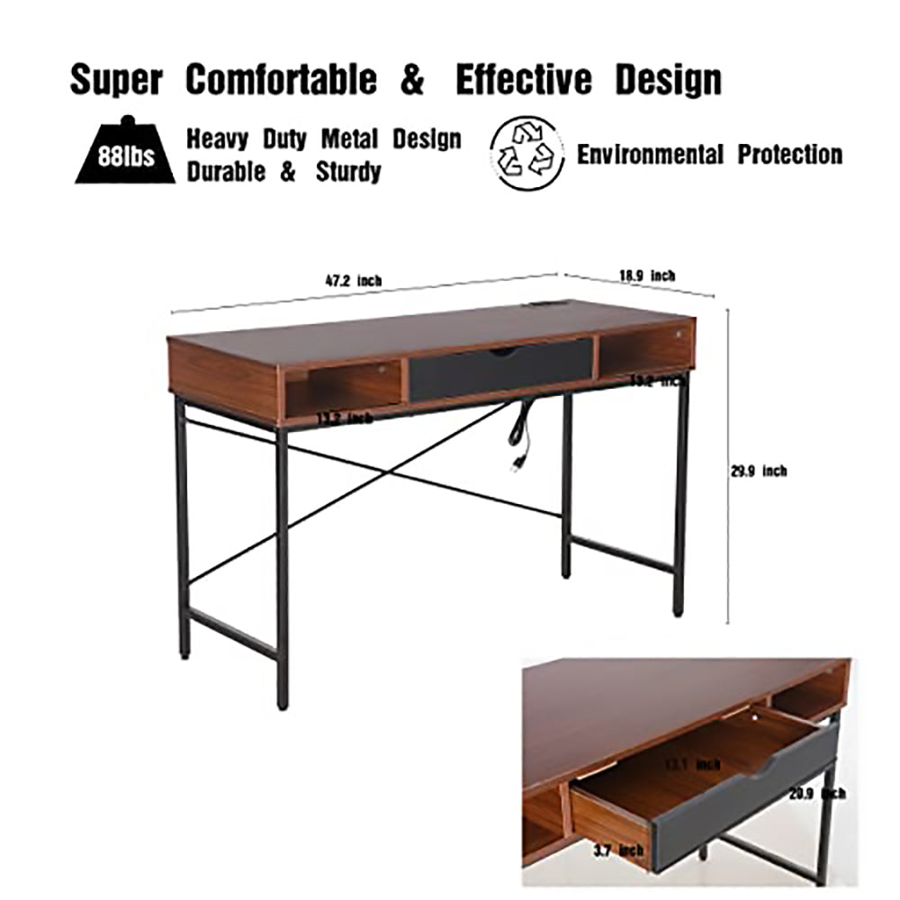 JJS 48' Writing Desk with Power Outlet, Home Office Contemporary Large Computer Desk Laptop Workstation with Drawer USB Ports Charging Station, Brown/Black