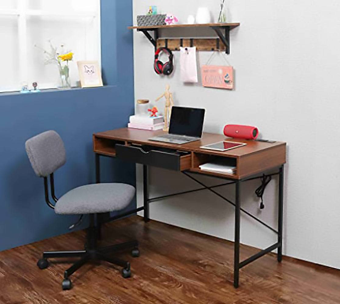 JJS 48' Writing Desk with Power Outlet, Home Office Contemporary Large Computer Desk Laptop Workstation with Drawer USB Ports Charging Station, Brown/Black