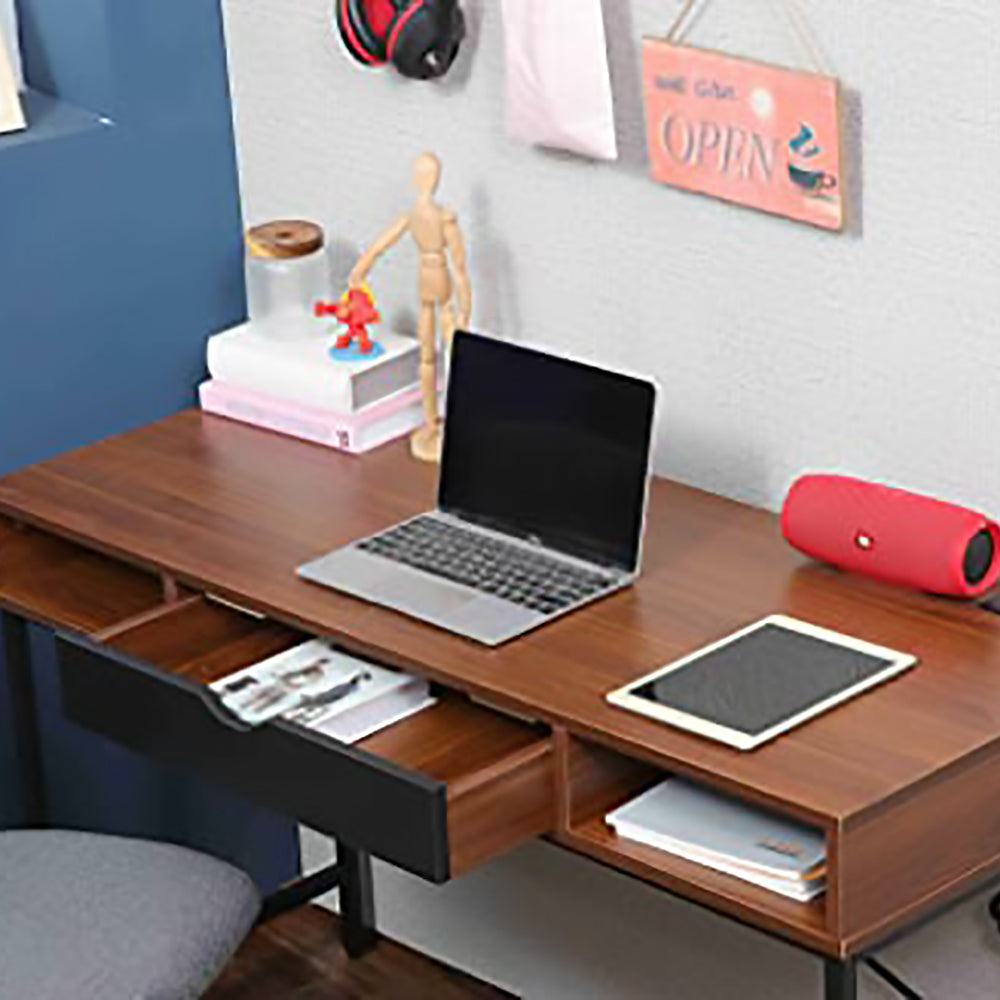 JJS 48' Writing Desk with Power Outlet, Home Office Contemporary Large Computer Desk Laptop Workstation with Drawer USB Ports Charging Station, Brown/Black