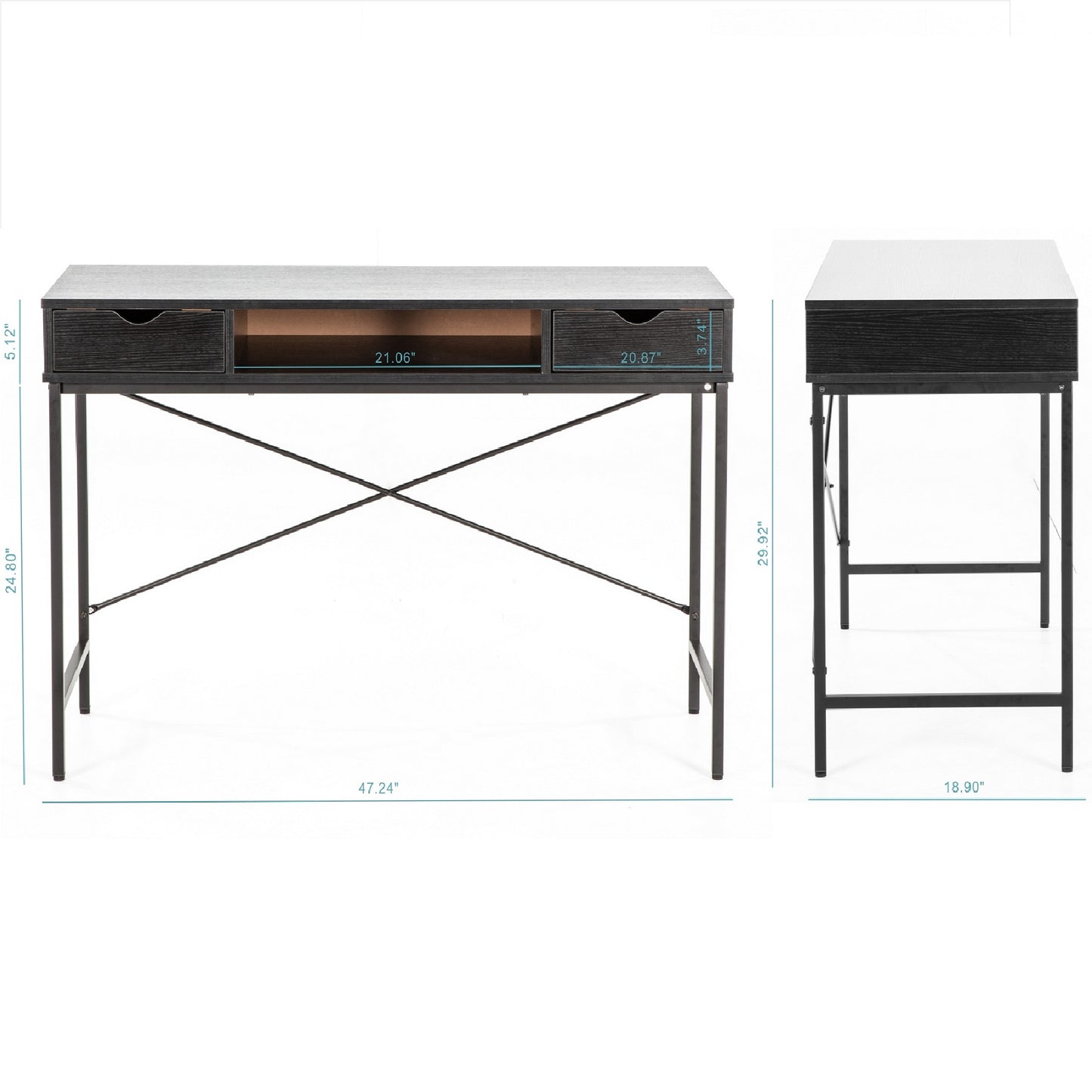 JJS 48' Writing Desk with Drawers, Contemporary Home Office Large Computer Laptop Workstation with Storage, Black