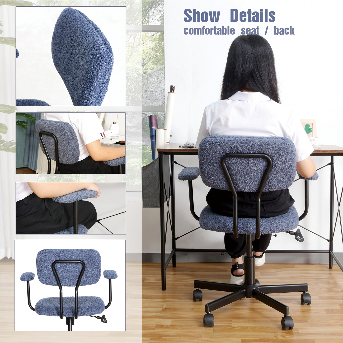 JJS Low Back Velvet Office Computer Chair with Armrest, Blue