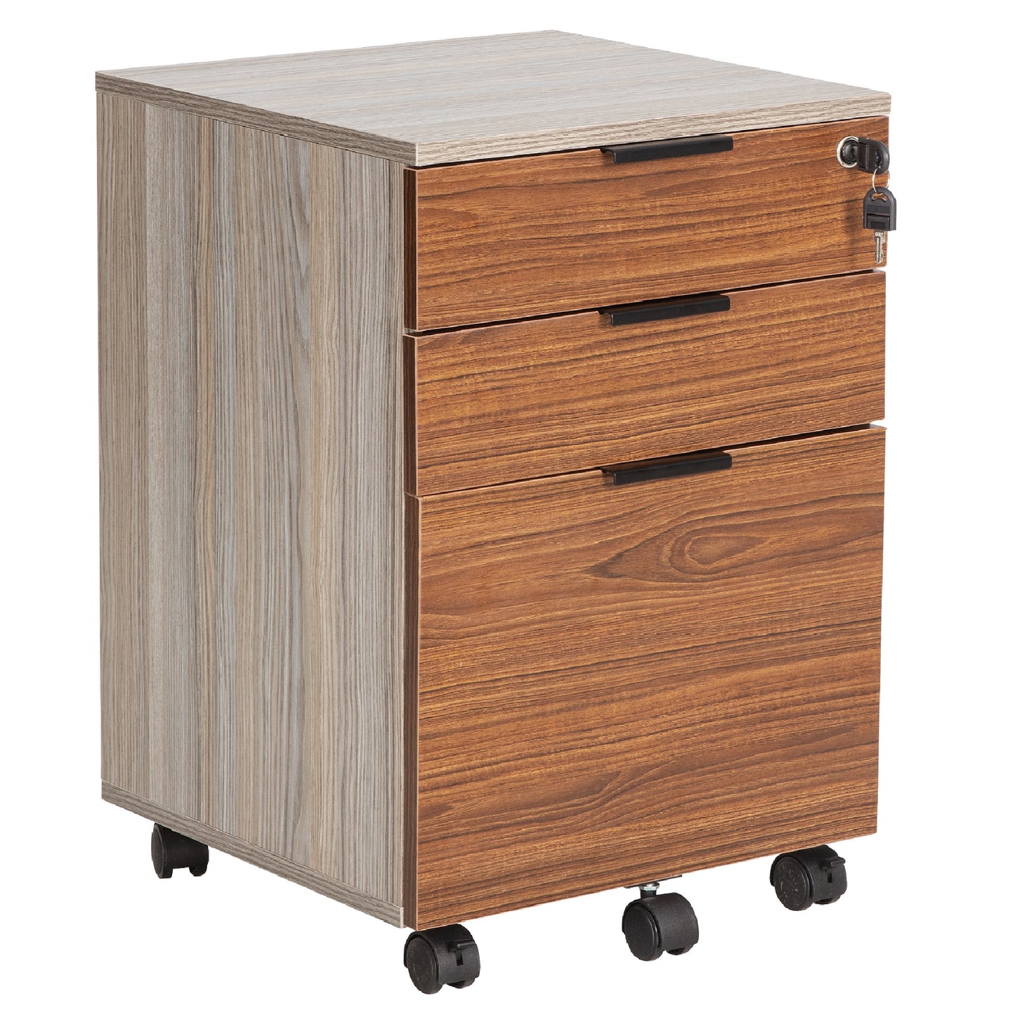 JJS 3 Drawer Rolling Wood File Cabinet with Locking Wheels