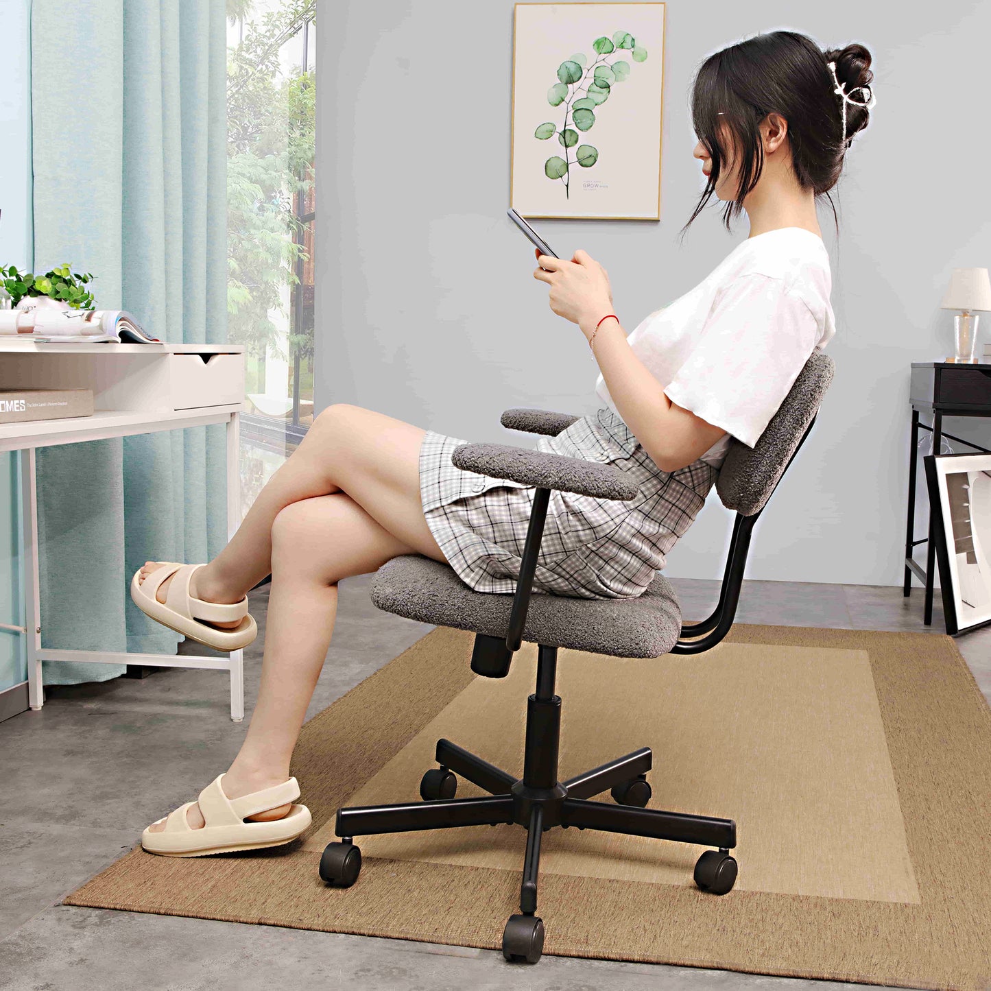 JJS Low Back Velvet Office Computer Chair with Armrest, Blue