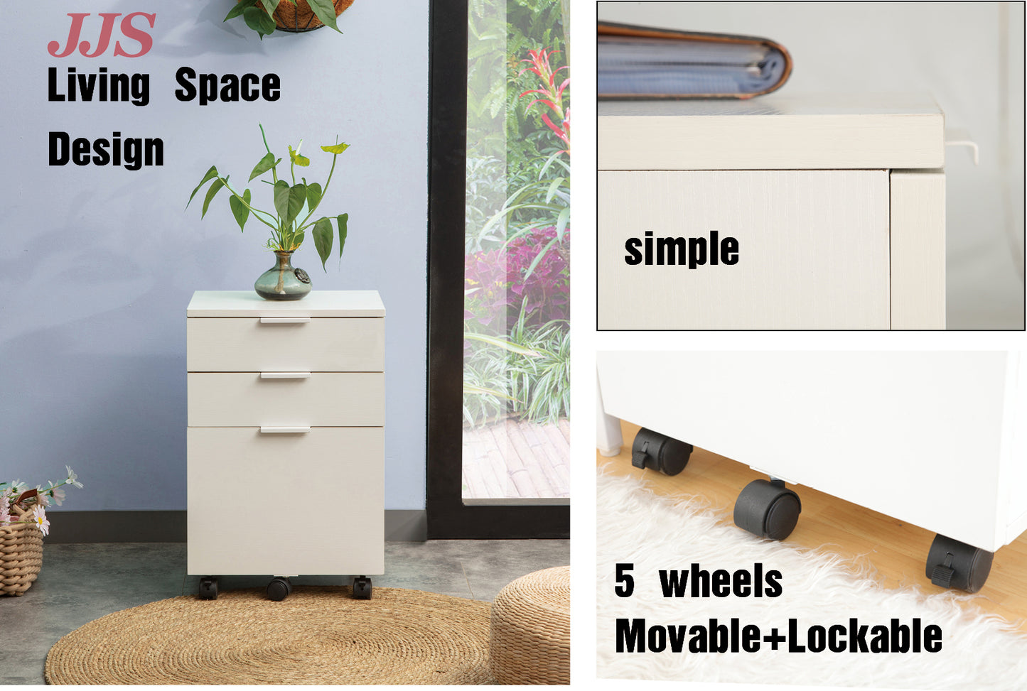 JJS 3 Drawer Rolling Wood File Cabinet with Locking Wheels
