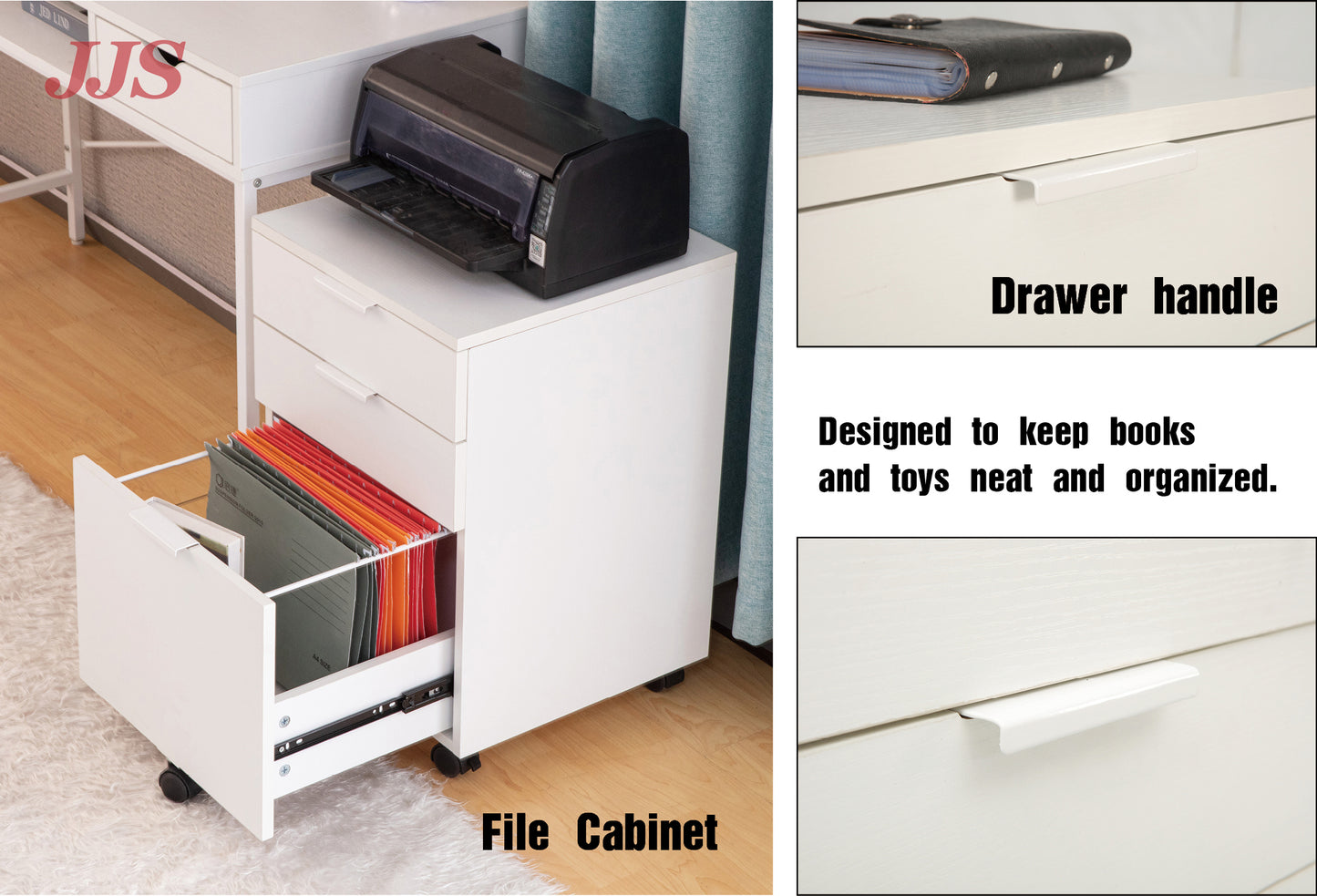 JJS 3 Drawer Rolling Wood File Cabinet with Locking Wheels