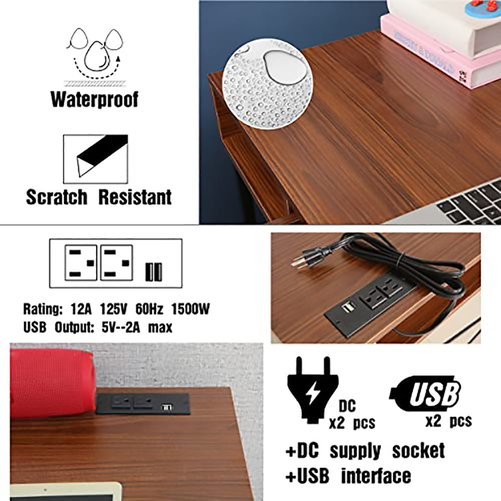 JJS 48' Writing Desk with Power Outlet, Home Office Contemporary Large Computer Desk Laptop Workstation with Drawer USB Ports Charging Station, Brown/Black