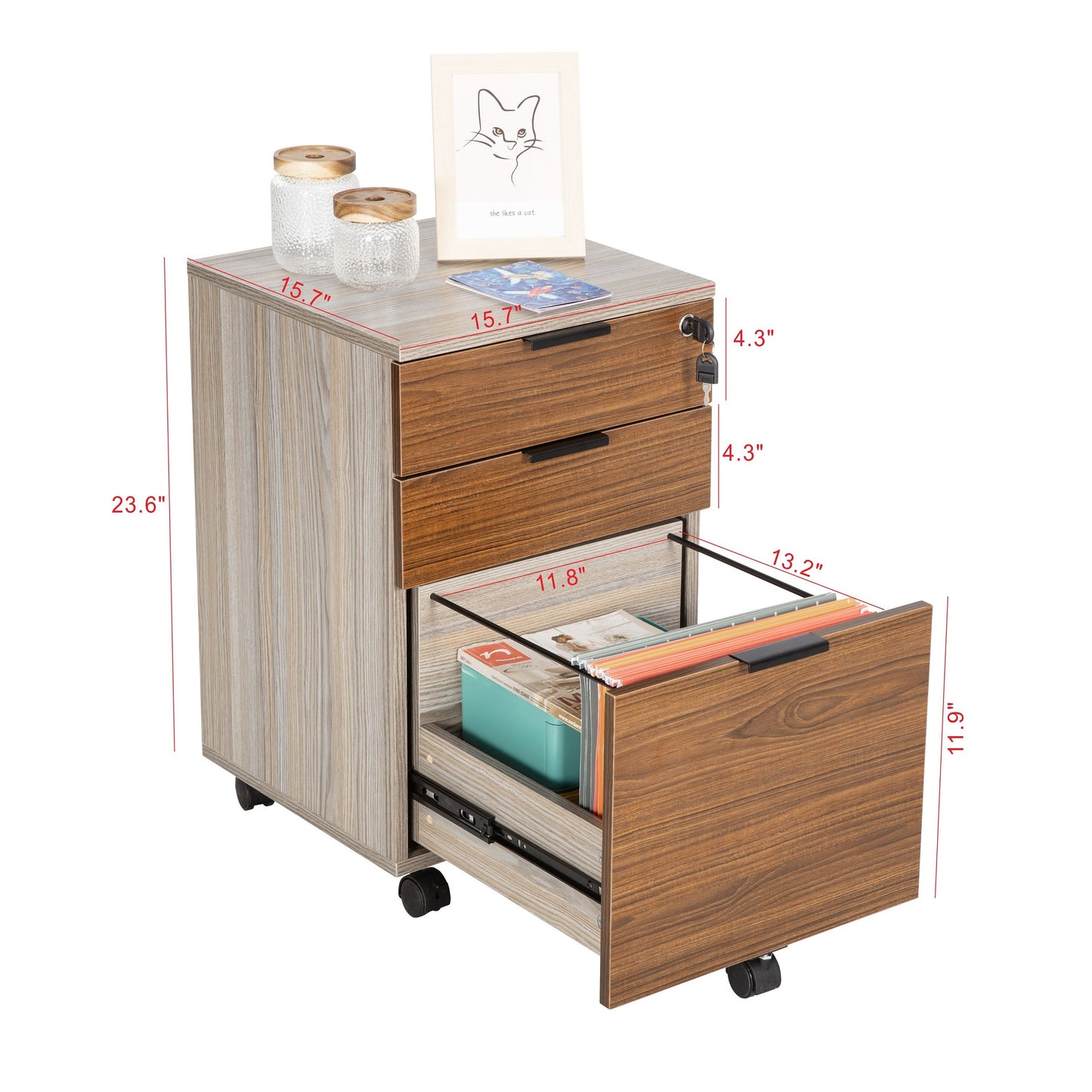JJS 3 Drawer Rolling Wood File Cabinet with Locking Wheels