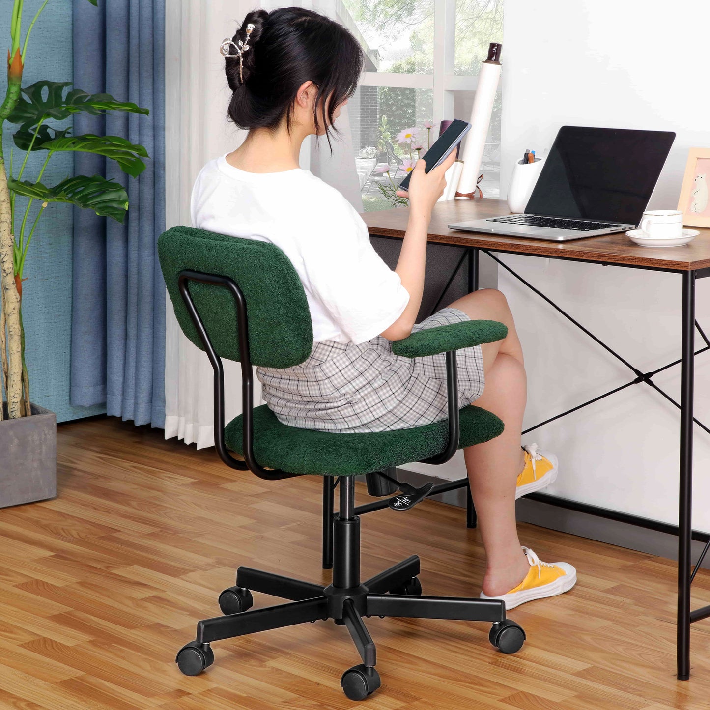JJS Low Back Velvet Office Computer Chair with Armrest, Blue