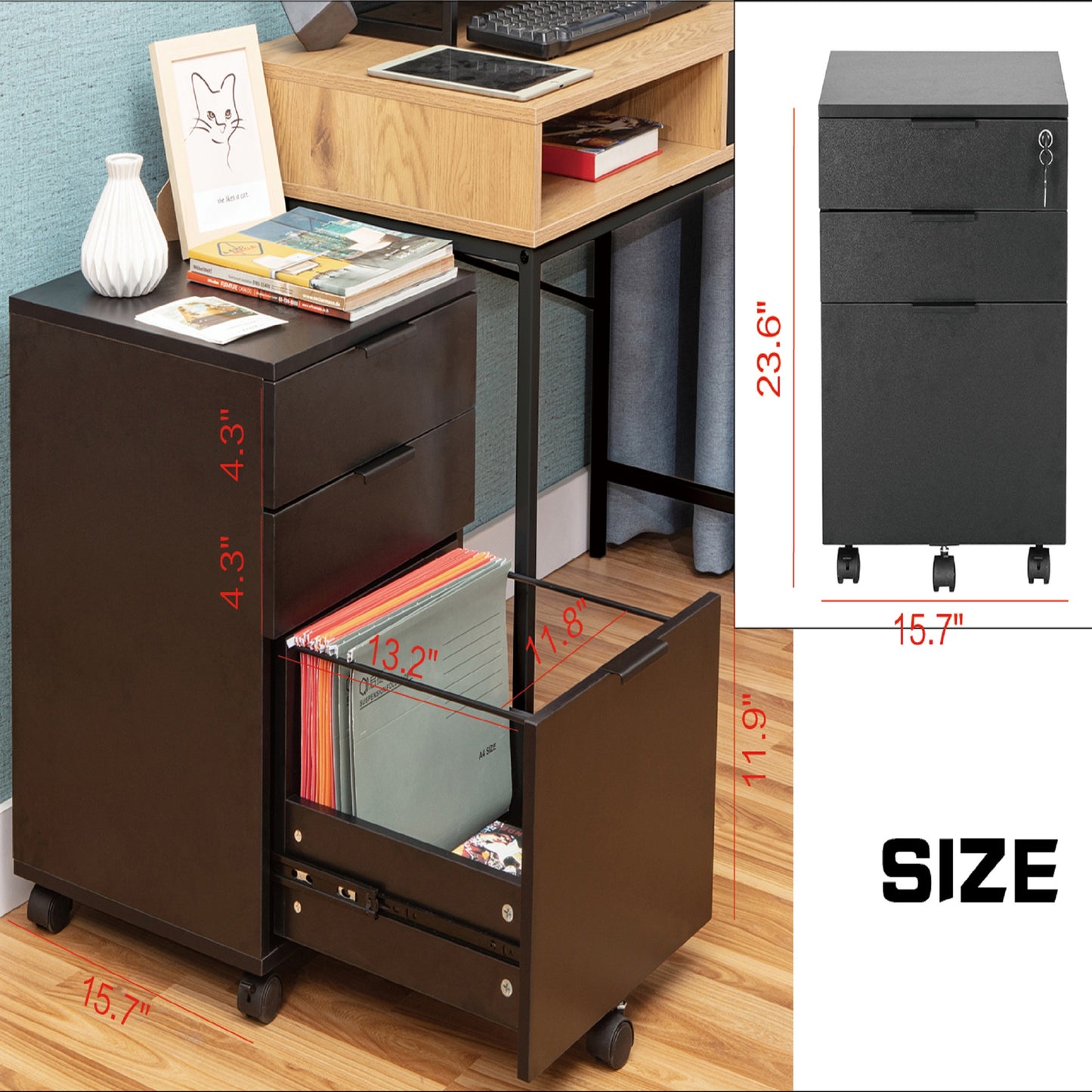 JJS 3 Drawer Rolling Wood File Cabinet with Locking Wheels, Home Office Portable Vertical Mobile Wooden Storage Filing Cabinet for Letter Size