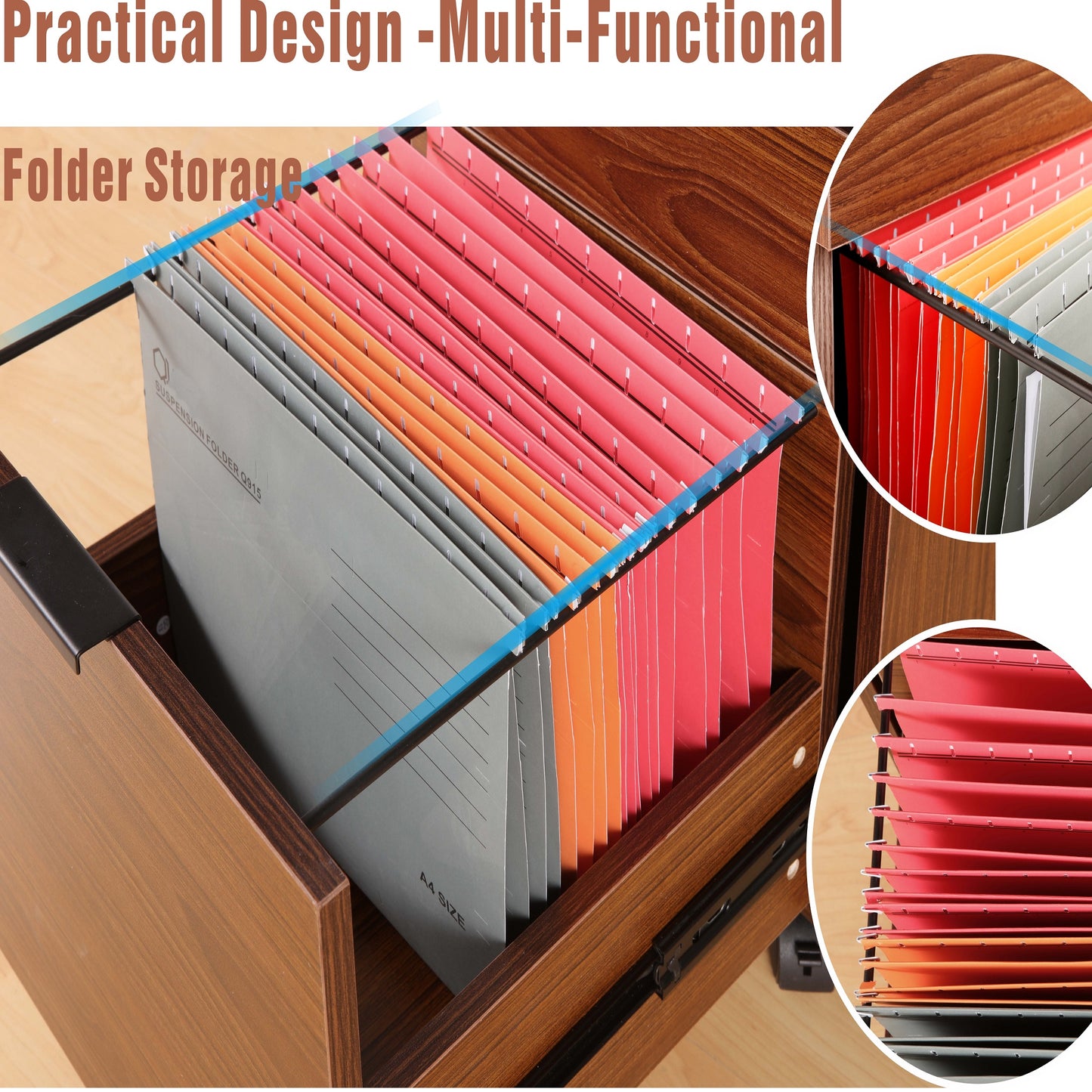 JJS 3 Drawer Rolling Wood File Cabinet with Locking Wheels