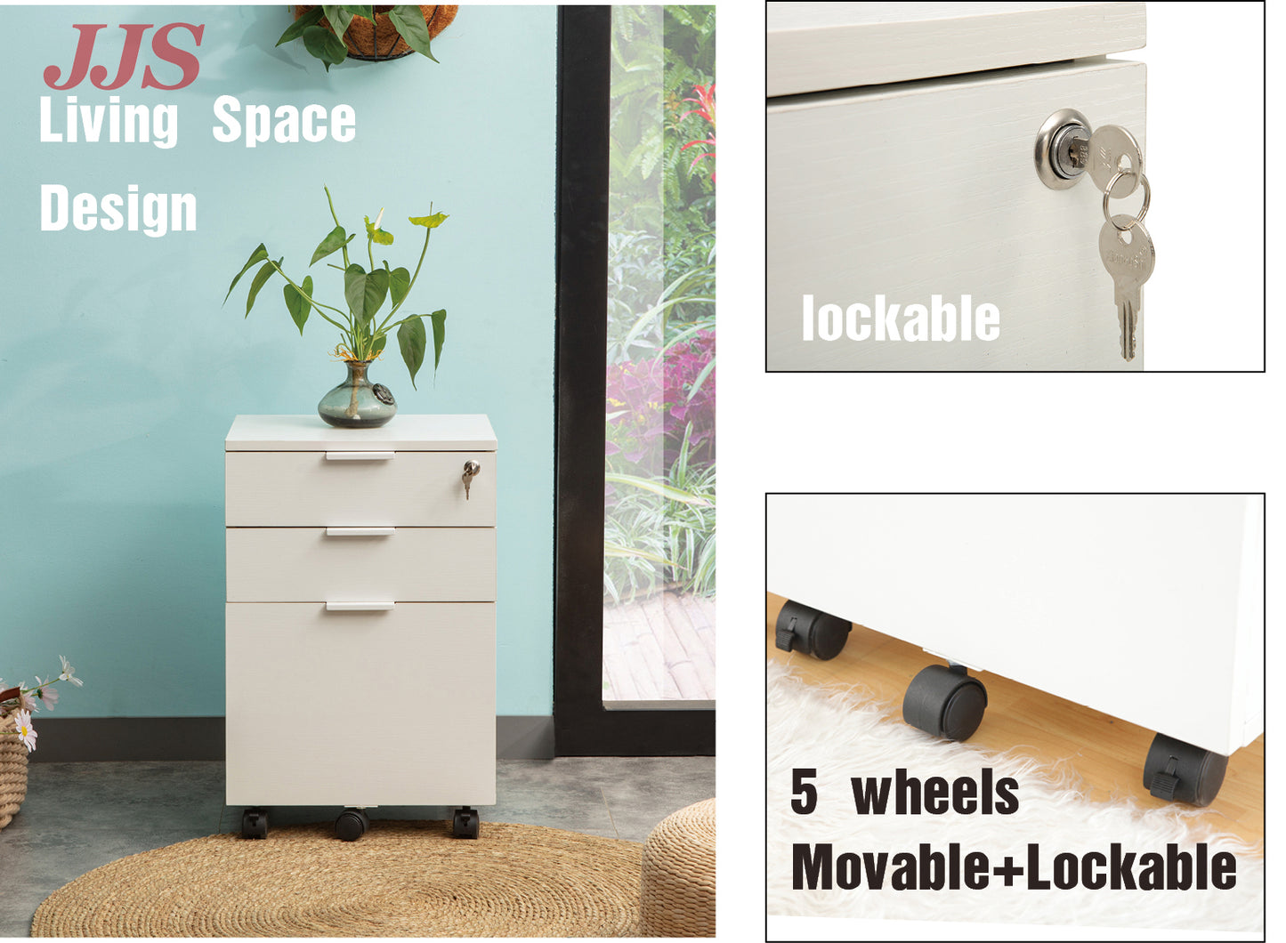 JJS 3 Drawer Rolling Wood File Cabinet with Locking Wheels