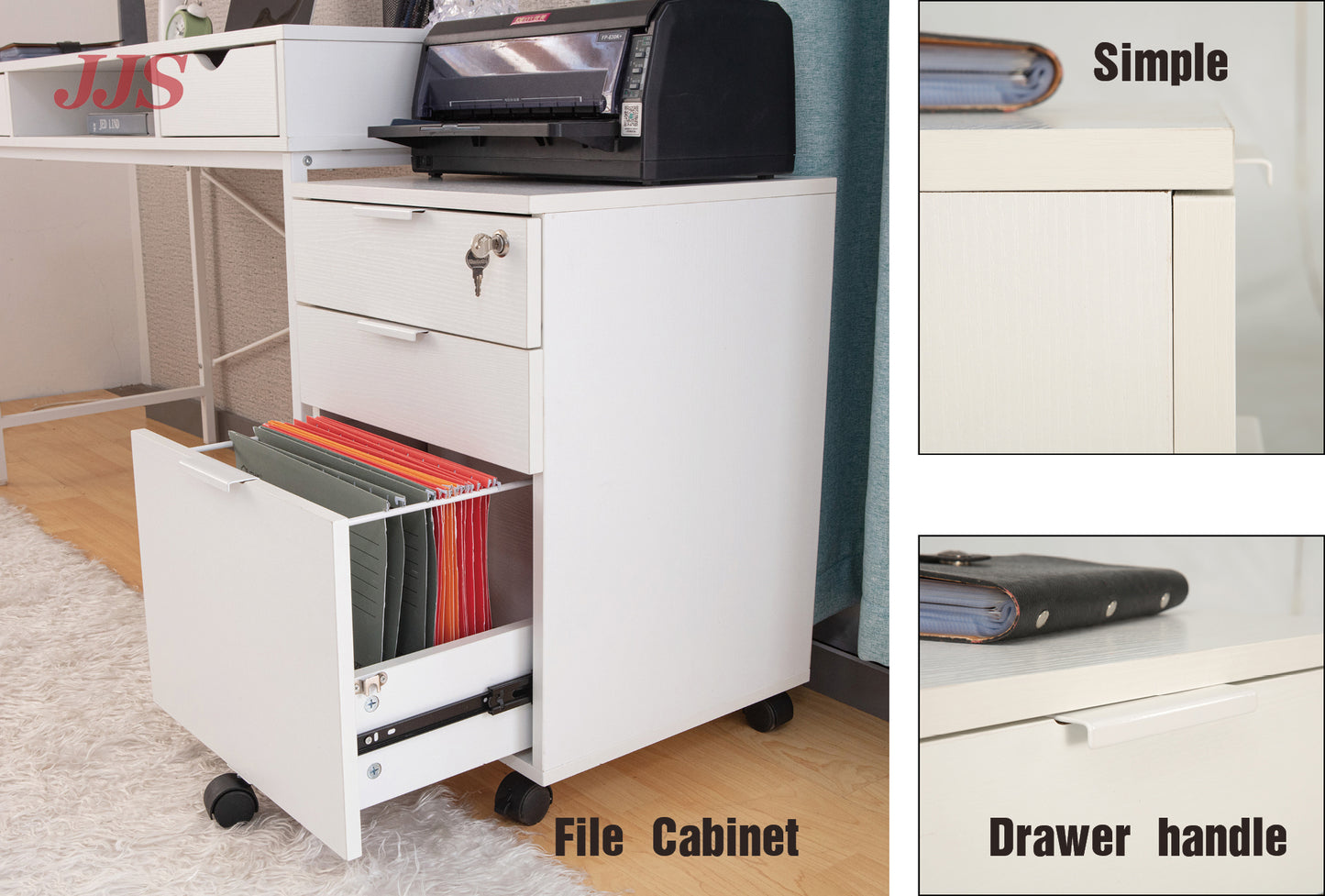 JJS 3 Drawer Rolling Wood File Cabinet with Locking Wheels