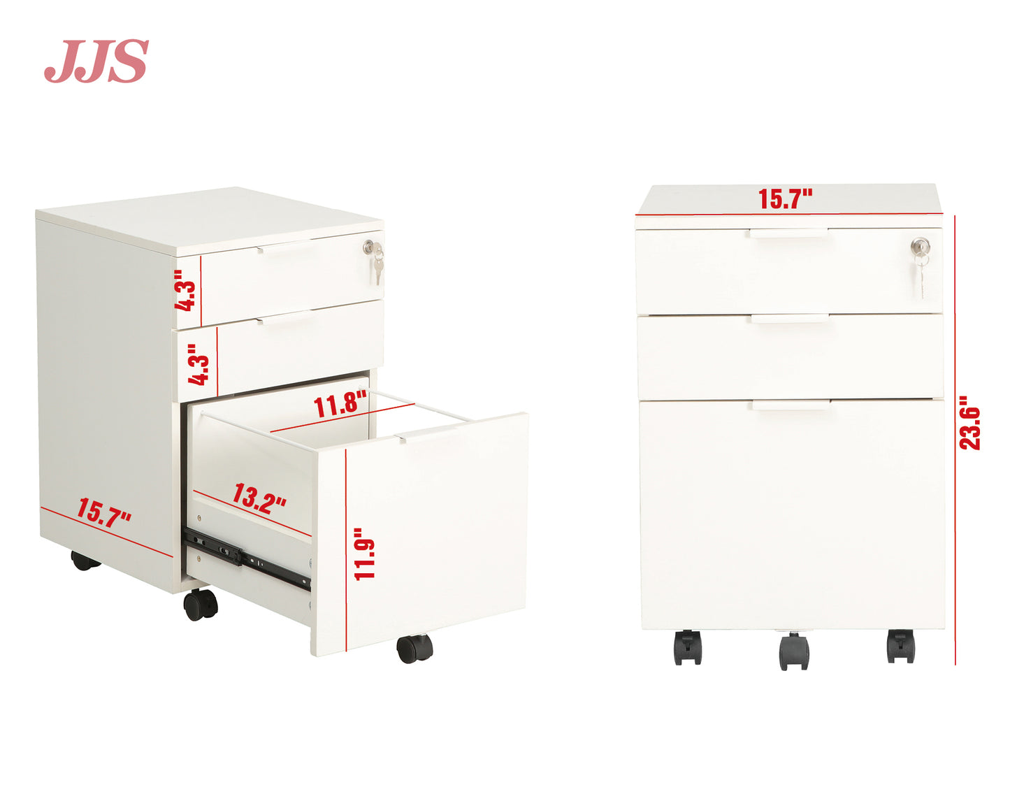 JJS 3 Drawer Rolling Wood File Cabinet with Locking Wheels