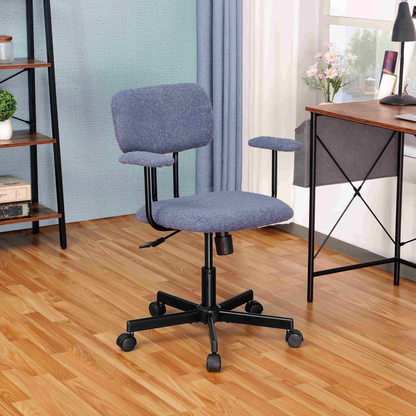 JJS Low Back Velvet Office Computer Chair with Armrest, Ergonomic Adjustable Swivel Small Home Office Desk Chair, Blue