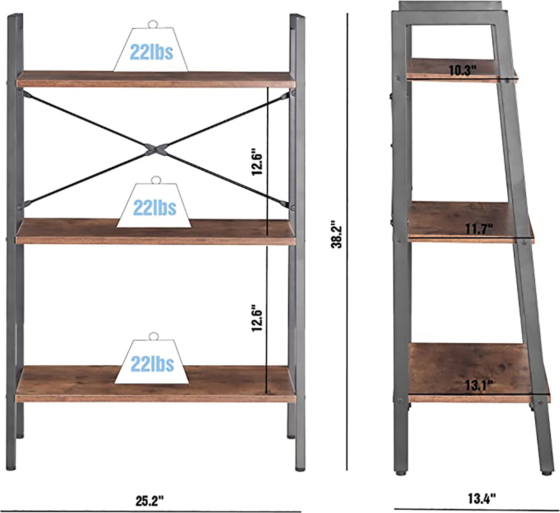 JJS Industrial 3-Tier Bookshelf, Freestanding Rustic Display Bookcase Storage Rack Shelf Plant Stand for Living Room Home Office, Brown