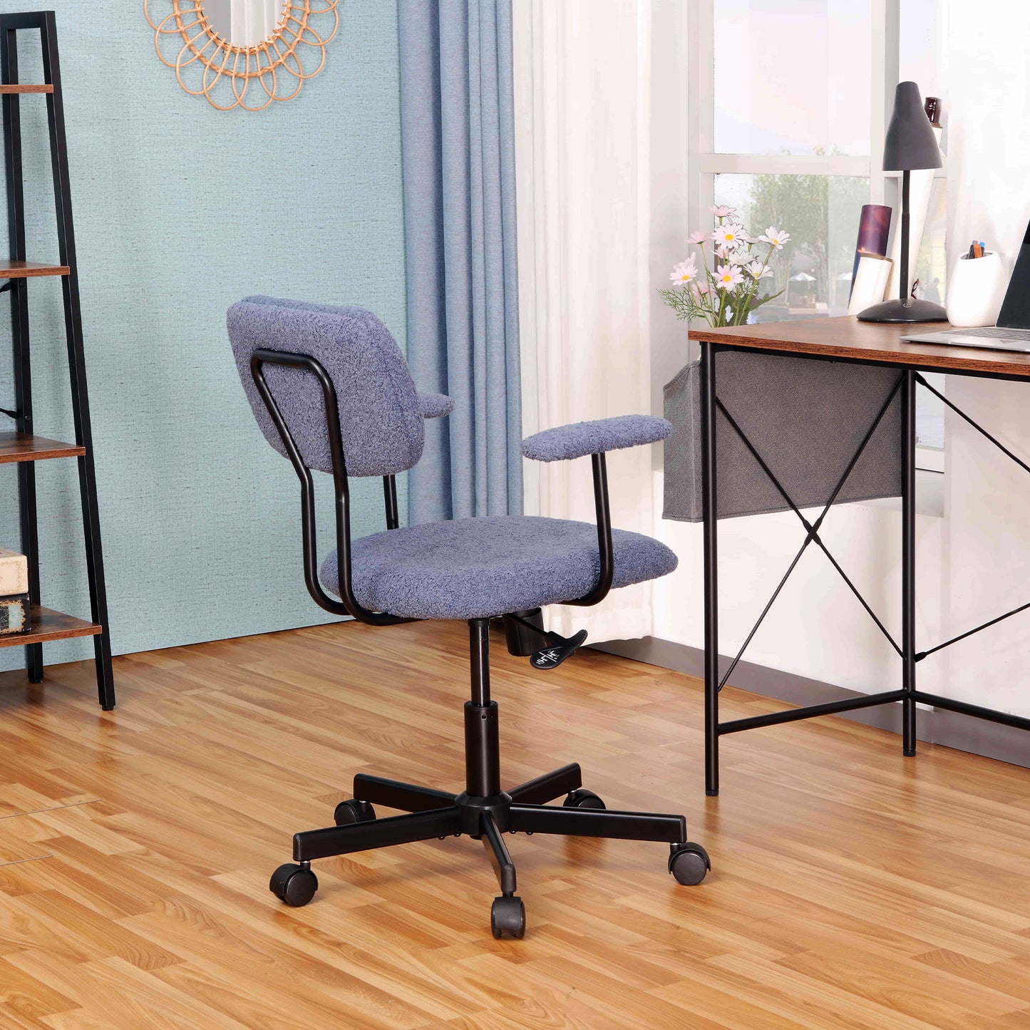 JJS Low Back Velvet Office Computer Chair with Armrest, Ergonomic Adjustable Swivel Small Home Office Desk Chair, Blue