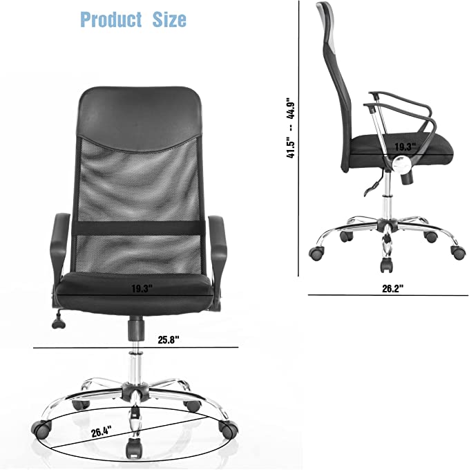 JJS Office Chair High Back Swivel Lumbar Support Mesh Desk Chair, Ergonomic Modern Rocking Function Rolling Executive Chair Height Adjustable, Black
