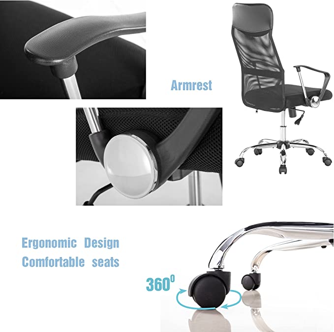 JJS Office Chair High Back Swivel Lumbar Support Mesh Desk Chair, Ergonomic Modern Rocking Function Rolling Executive Chair Height Adjustable, Black