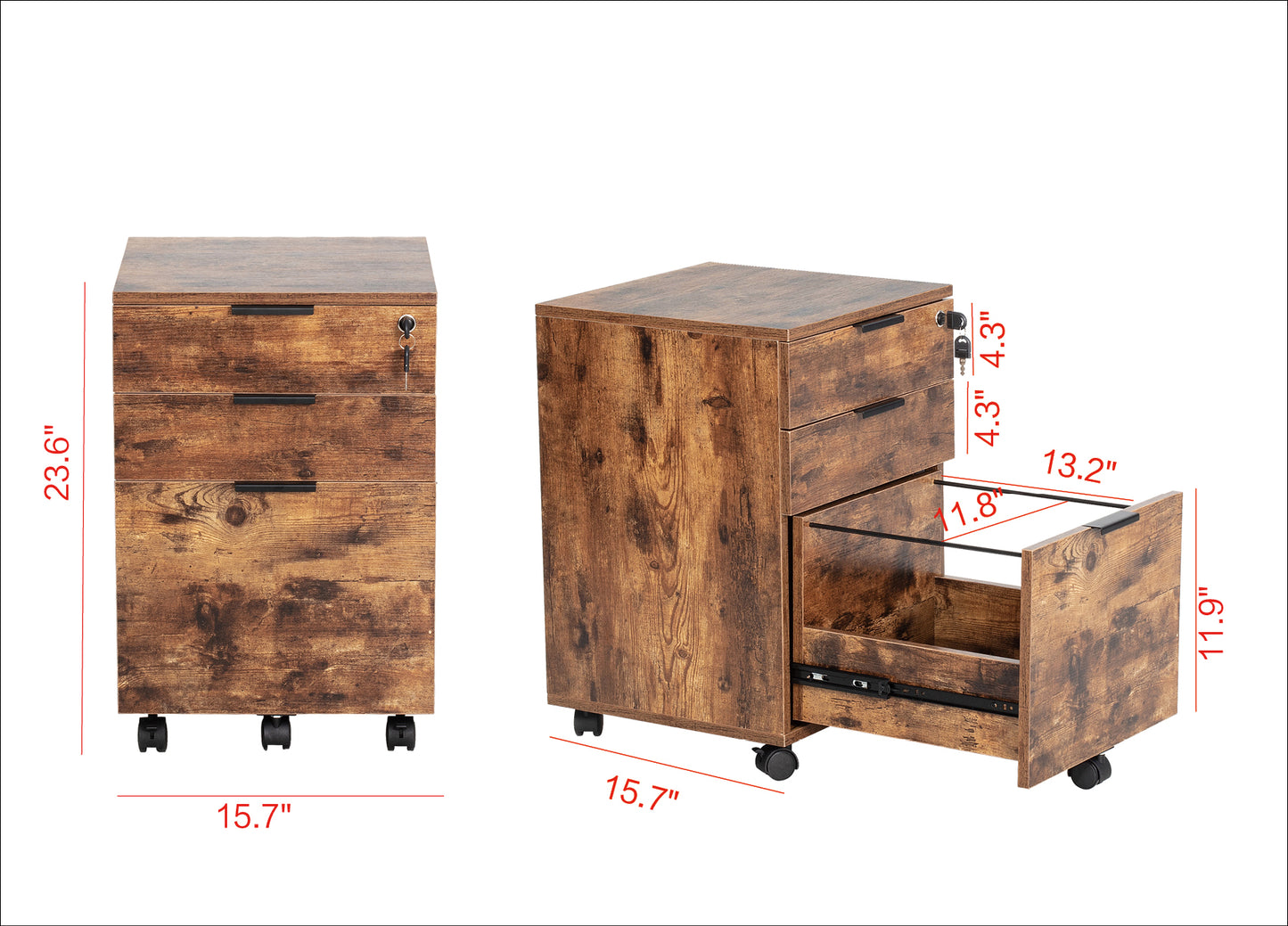 JJS 3 Drawer Rolling Wood File Cabinet with Locking Wheels