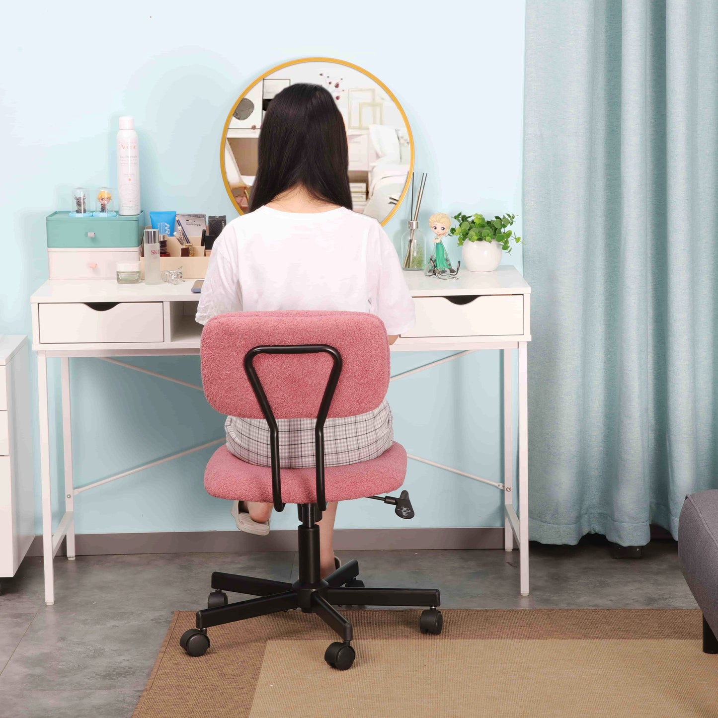 JJS Low Back Velvet Office Computer Chair with Armrest, Blue