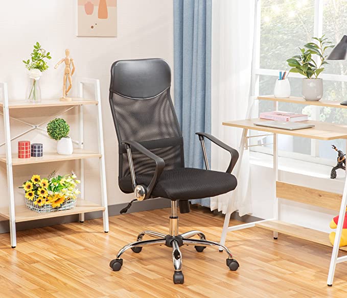 JJS Office Chair High Back Swivel Lumbar Support Mesh Desk Chair, Ergonomic Modern Rocking Function Rolling Executive Chair Height Adjustable, Black
