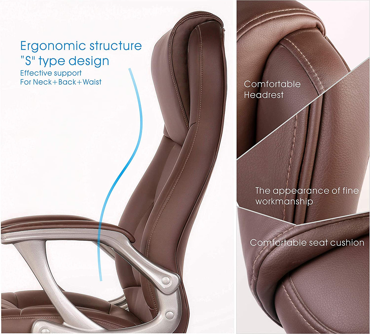 JJS High Back Swivel Executive Office Chair, Ergonomic Adjustable Home Computer Padded Leather Desk Chair with Wheels and arms Rest Back Lumbar Support, Coffee
