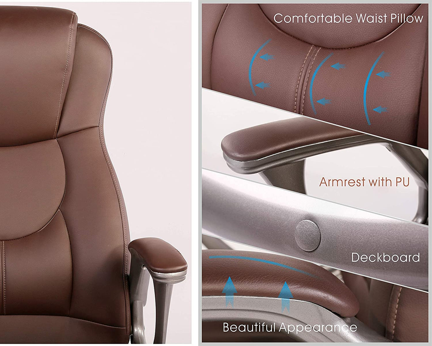 JJS High Back Swivel Executive Office Chair, Ergonomic Adjustable Home Computer Padded Leather Desk Chair with Wheels and arms Rest Back Lumbar Support, Coffee