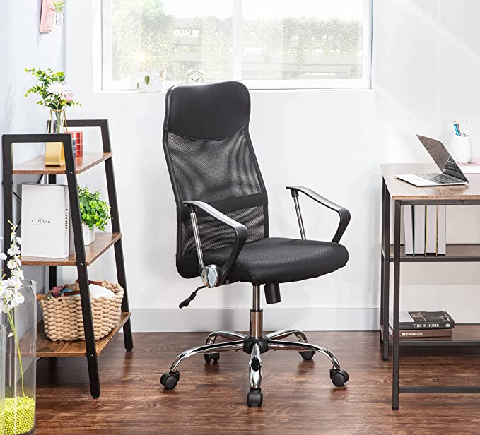 JJS Office Chair High Back Swivel Lumbar Support Mesh Desk Chair, Ergonomic Modern Rocking Function Rolling Executive Chair Height Adjustable, Black