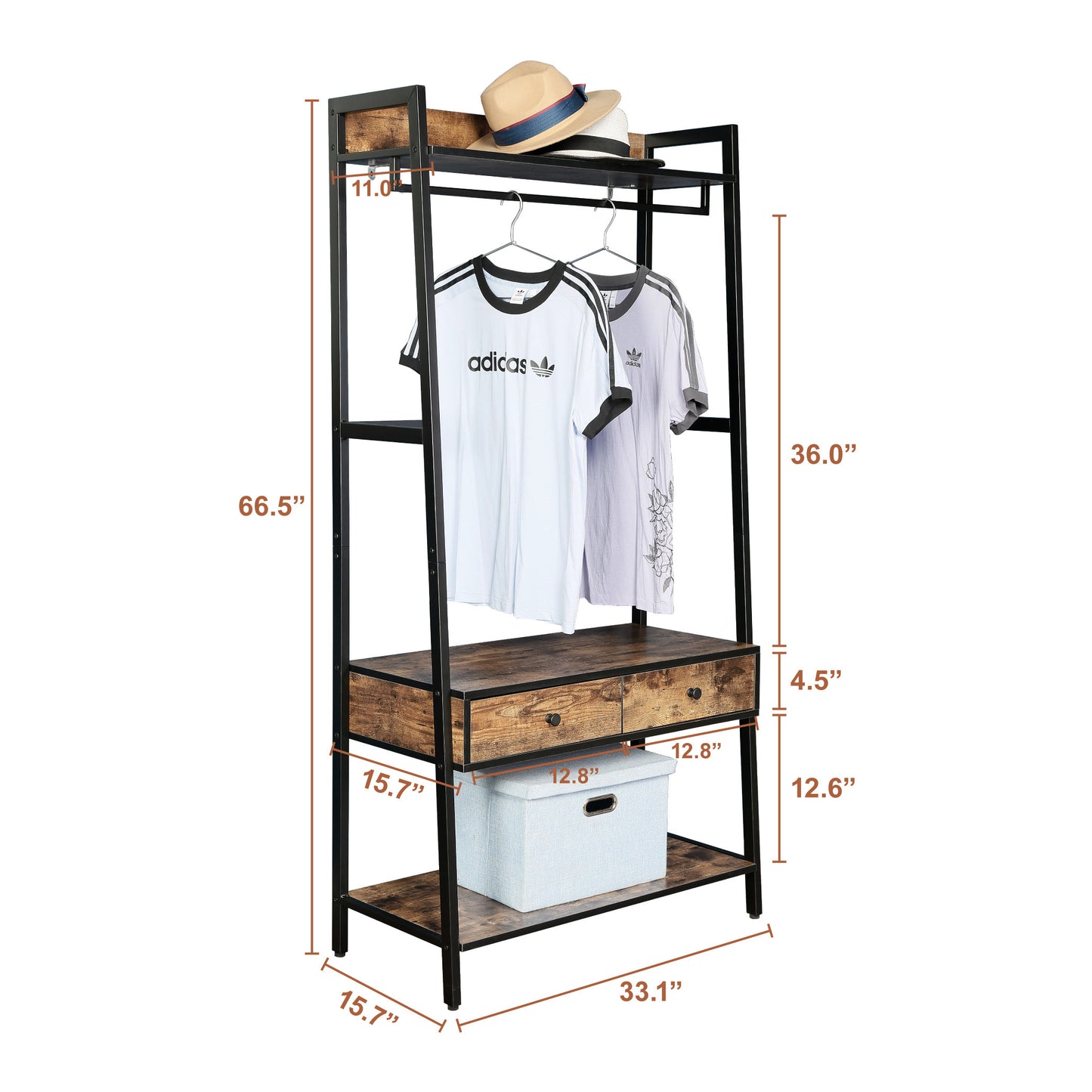 JJ's 33" Entryway Coat Rack, Industrial Rustic Hall Tree Shoe Bench with Storage Drawers and Shelf for Hallway, Wood Look Accent Furniture with Metal Frame, Rustic Brown
