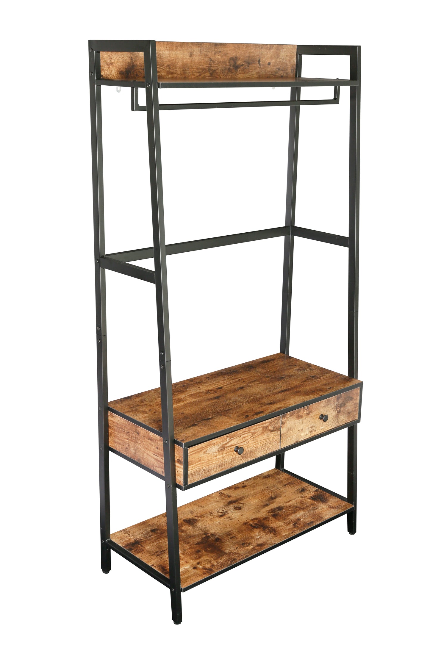 JJ's 33" Entryway Coat Rack, Industrial Rustic Hall Tree Shoe Bench with Storage Drawers and Shelf for Hallway, Wood Look Accent Furniture with Metal Frame, Rustic Brown