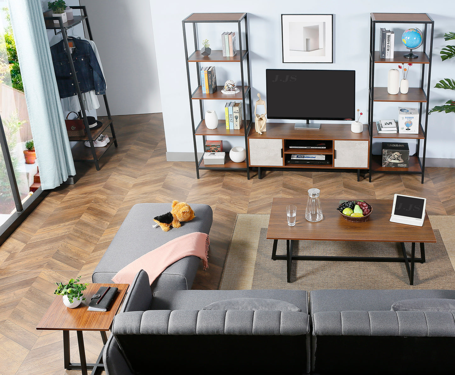 JJS Media TV Stand for 55" TV, Modern Entertainment Center Simple Wood Console Stand with Storage Cabinets and Open Shelves for Home Living Room, Contemporary Design