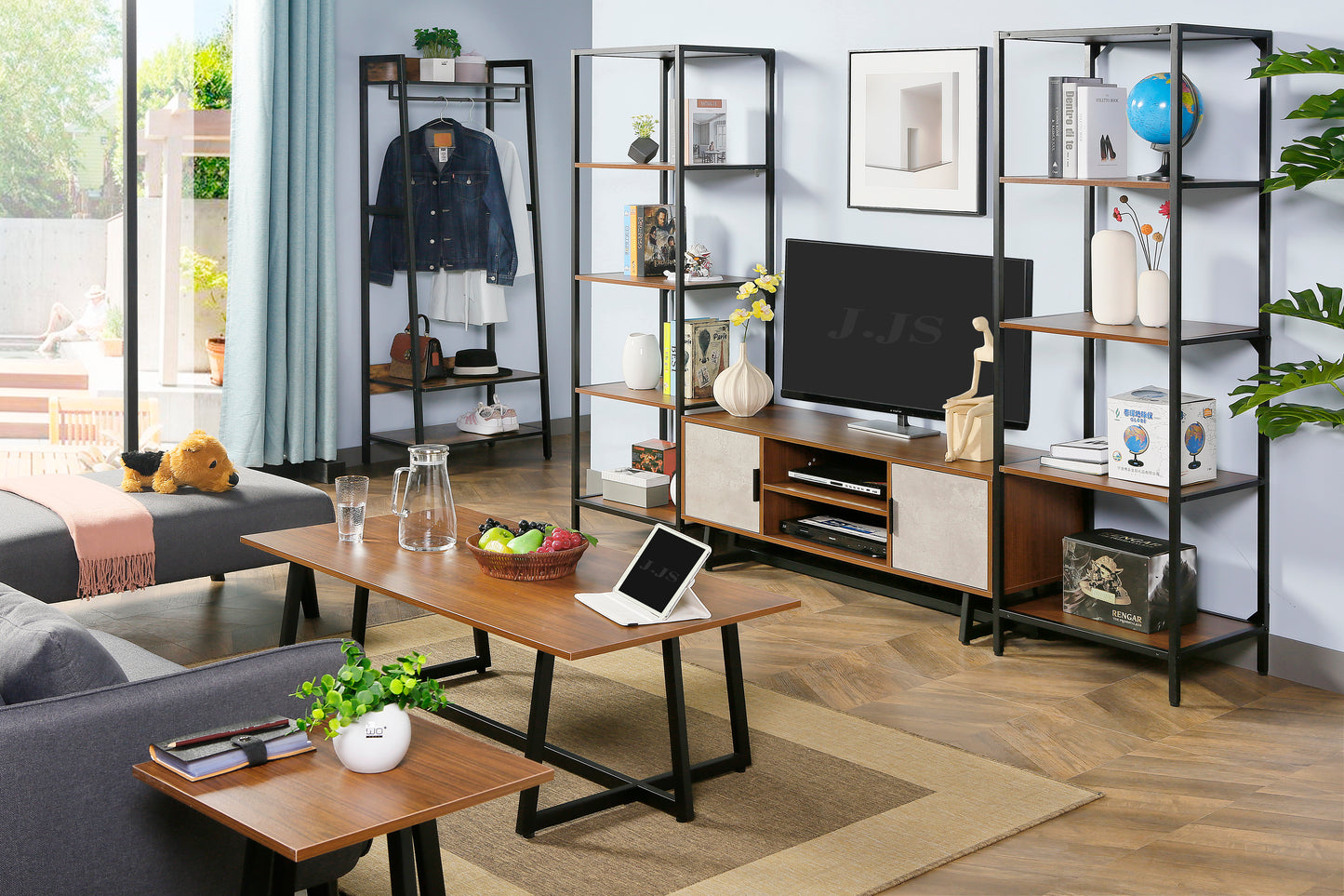 JJS Media TV Stand for 55" TV, Modern Entertainment Center Simple Wood Console Stand with Storage Cabinets and Open Shelves for Home Living Room, Contemporary Design