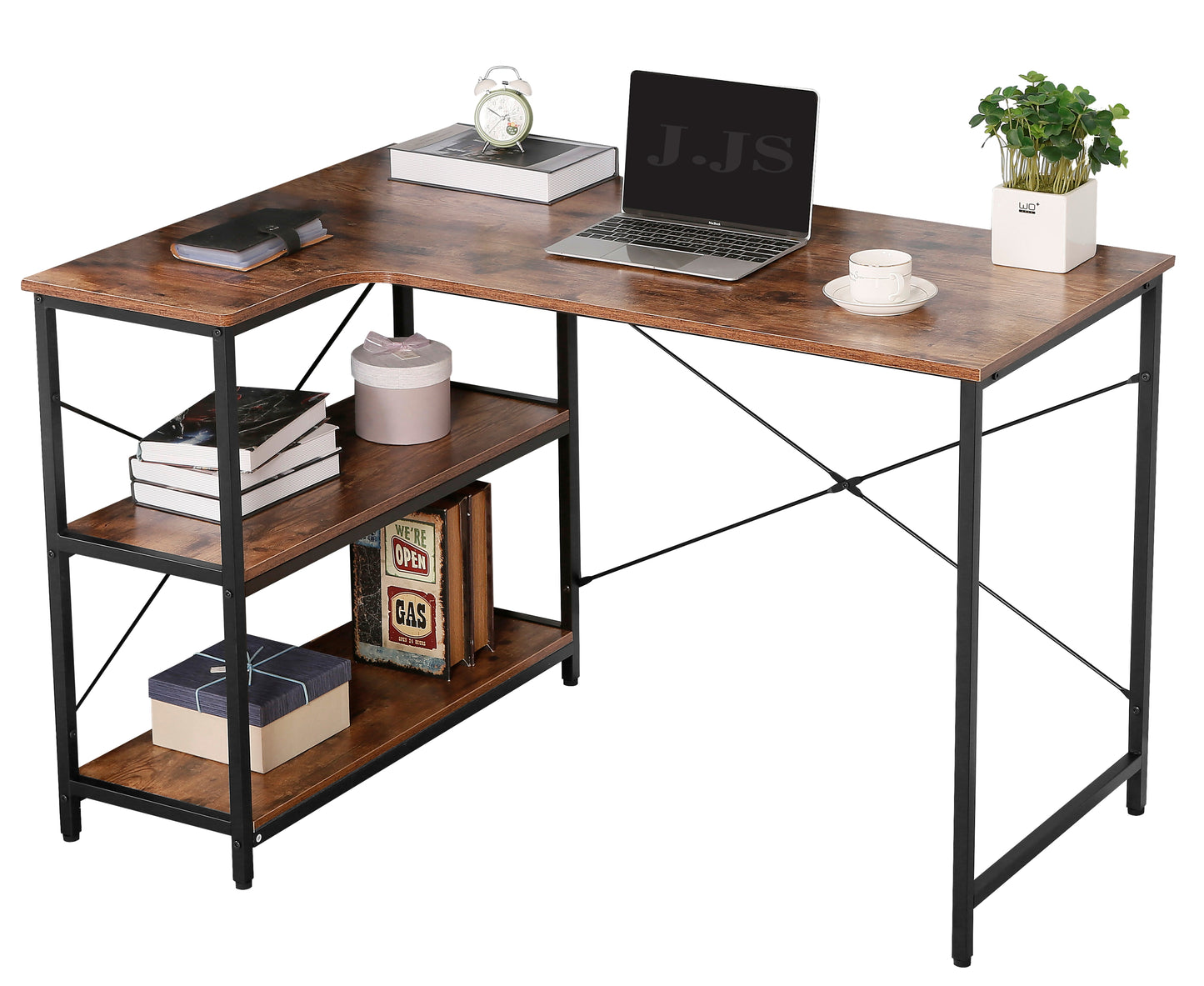 JJS L-Shaped Home Office Corner Writing Computer Desk with Build-in Bookcase, Antony Rustic Brown
