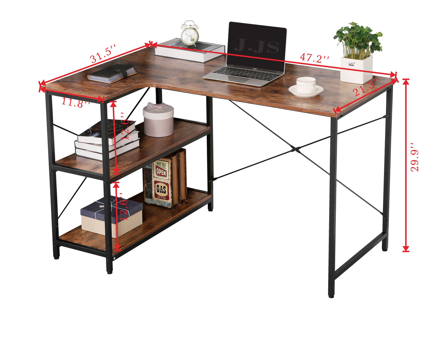 JJS L-Shaped Home Office Corner Writing Computer Desk with Build-in Bookcase, Antony Rustic Brown