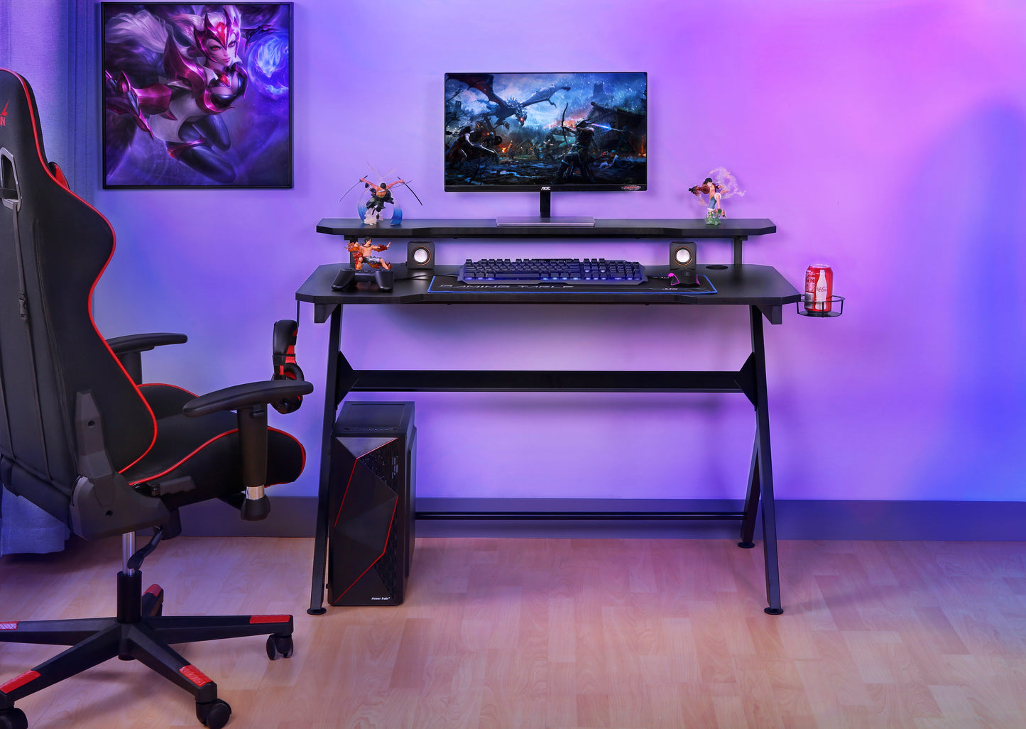 JJS 48" Home Office Gaming Computer Desk with Removable Monitor Stand, R Shaped Large Gamer Workstation PC Table with Cup Holder Headphone Hook Speaker Storage Free Mouse pad, Black